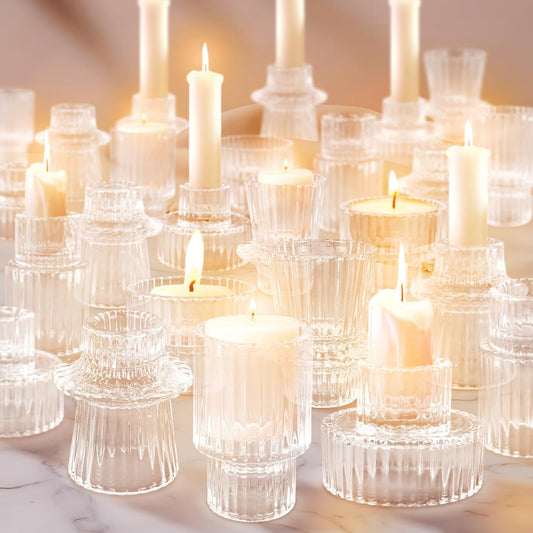 Clear Glass Double-Sided Candle Holders Set (30 Pieces), Tealight & Taper Compatible
