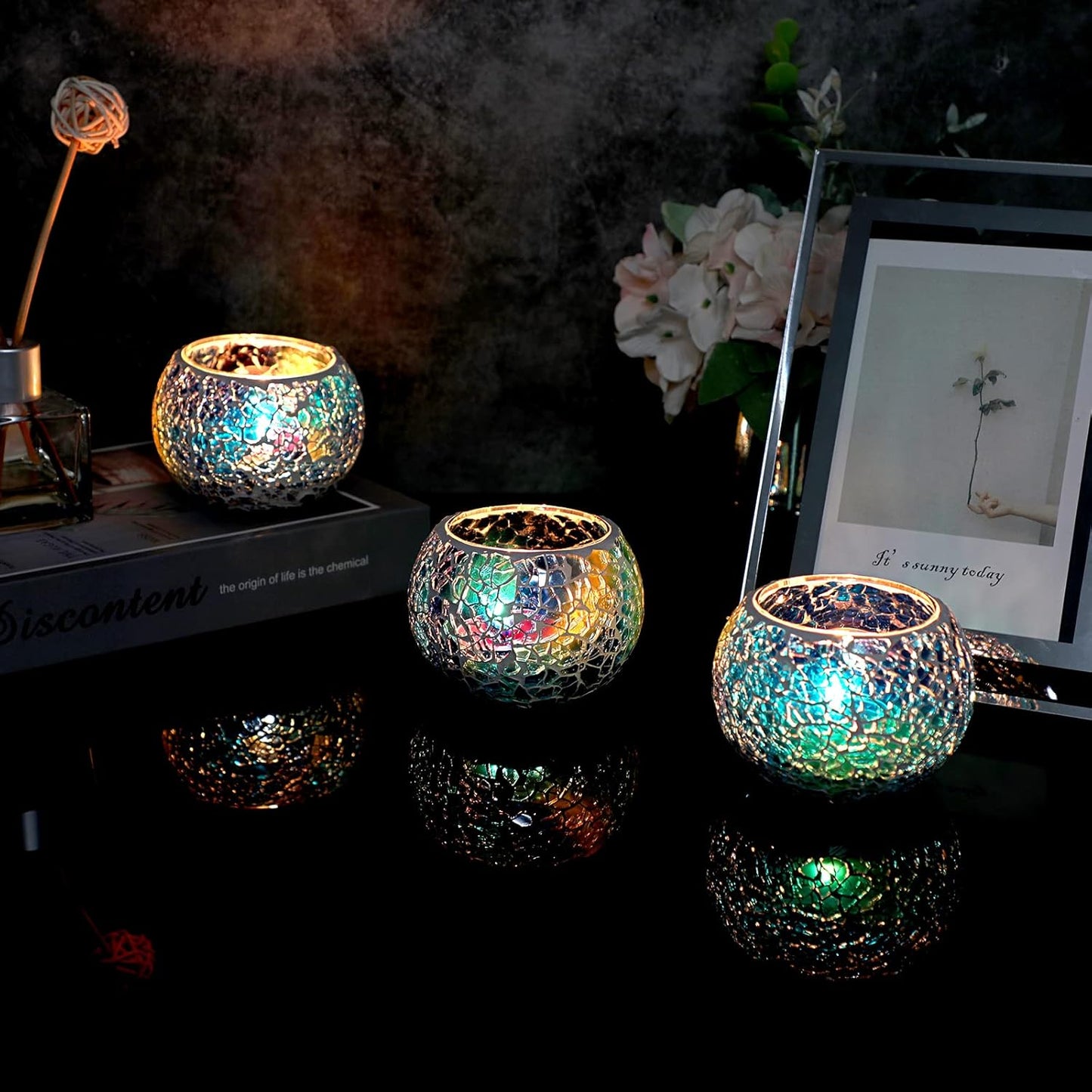 Set of 3 Blue Mosaic Glass Tea Light Holders Round Bowl Votive Candle Holders Pillar Candle Stands, Glass Mosaic Tealight Holders Potted Plant Bowl Vase Candle Centerpiece for Table Wedding