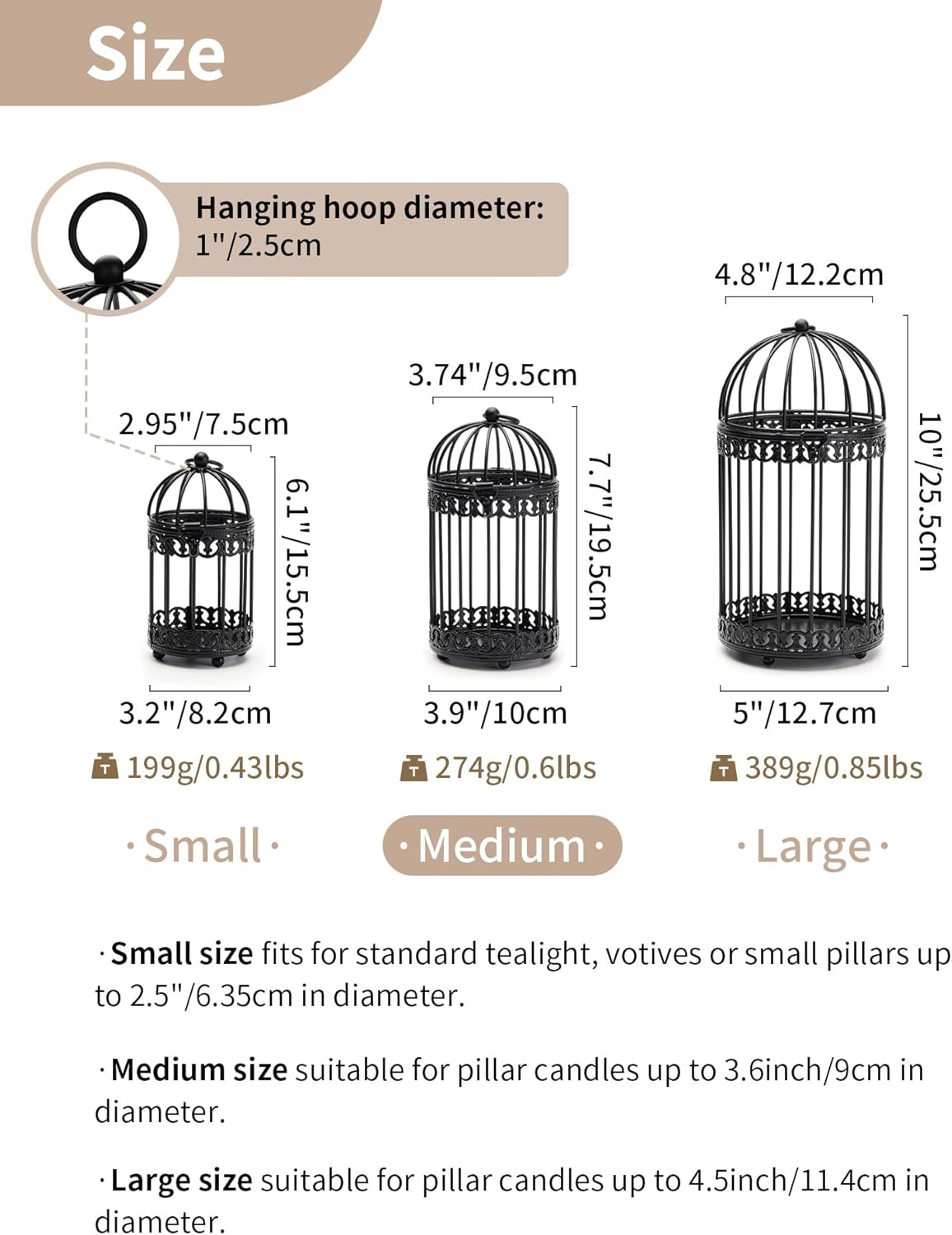 Black Decorative Bird Cage: Birdcage Hanging Lantern for Pillar Candles - Vintage Bird Cages Candle Holders for Halloween Christmas Table Centerpiece 7.7 Inch H