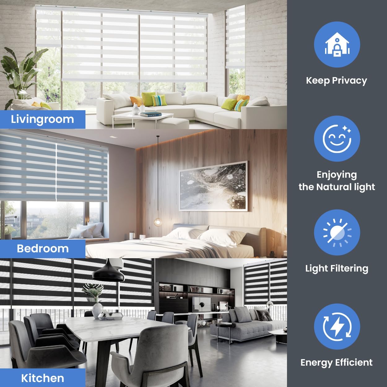 Foiresoft Standard Zebra Roller Blinds for Windows [W35 x H64 Inch, White, Basic], Light Filtering Dual Layer Shades for Bedroom, Living Room, Office, 13 Colors