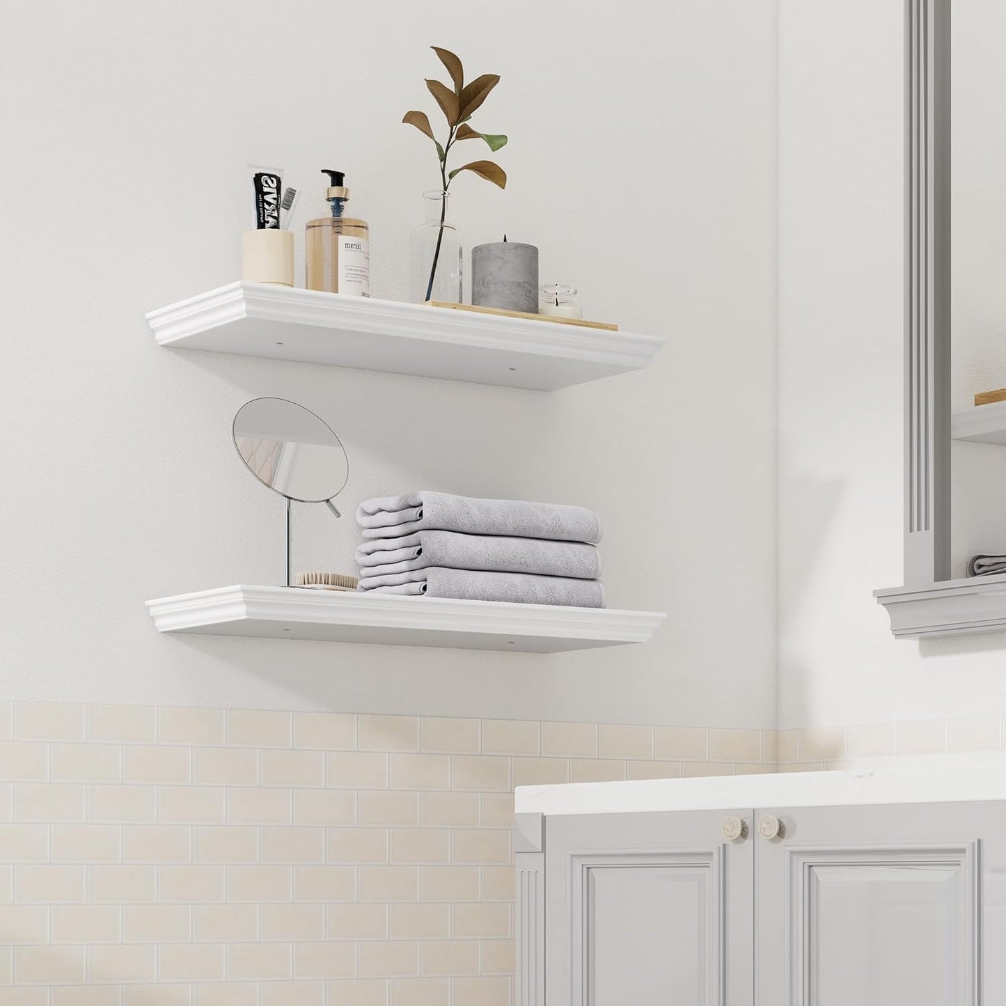 Floating Shelves for Wall, 24 Inch Long Wall Mounted White Hanging Shelf for Kitchen, Living Room, Office, Bedroom, Bathroom, Retro Vintage Wood Bookshelf for House Decor