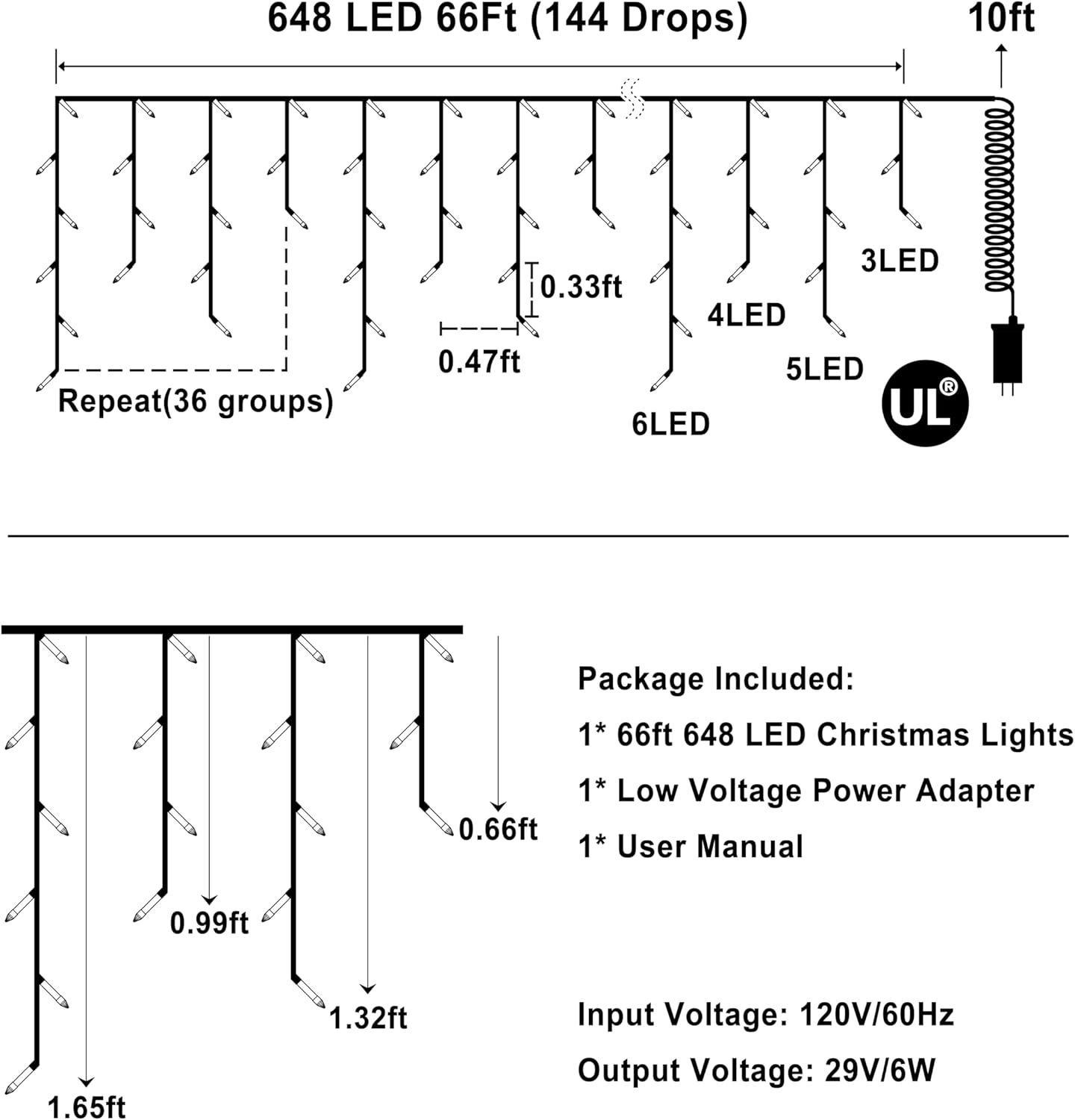 648 LED Christmas Lights with 144 Drops, 66ft 8 Modes Christmas String Lights Outdoor, Waterproof Christmas Decorations Fairy Lights with Timer Memory for Xmas Party Patio Window Fence Multicolor