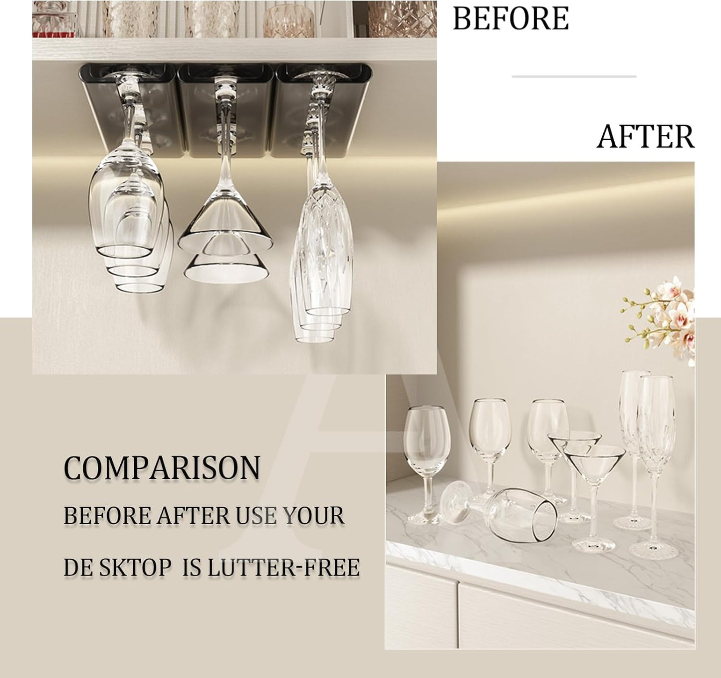 4Pack Wine Glass Rack, Punch-free Stemware Rack for Kitchen and Bar (Grey)