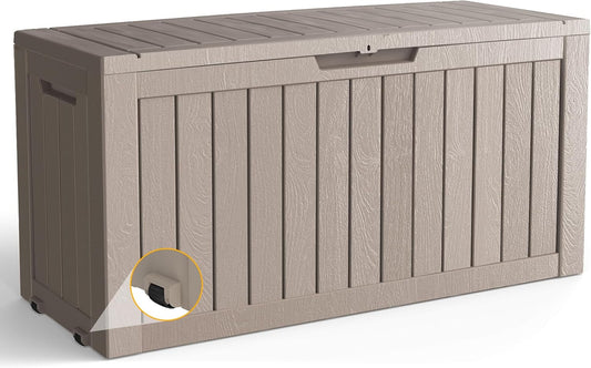 80 Gallon Outdoor Storage Box with Wheels, Waterproof Lockable Resin Deck Box Patio Storage Bin for Pool Accessories Cushion Furniture, Garden Tools, UV-Resistant Outside Delivery Grey