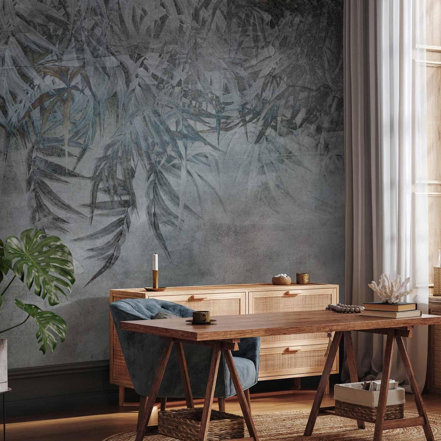 artgeist Premium Wall Mural Leaves 197x138 in - Non-Woven Wallpaper Fleece Wall Decor Photo Print Picture Image Design Palm Leaves Concrete Nature Grey b-C-10103-a-a