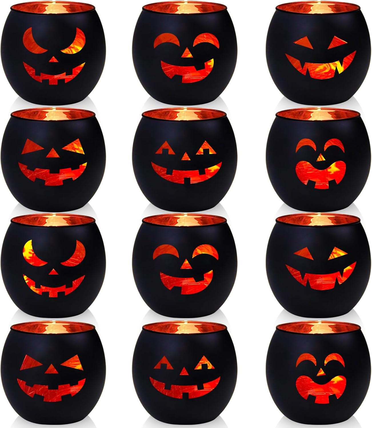 Halloween Table Centerpiece Candle Holders Set of 12, Black and Gold Glass Votive Holder with 6 Grimace, Tealight Holders Bulk for Halloween Party D?or