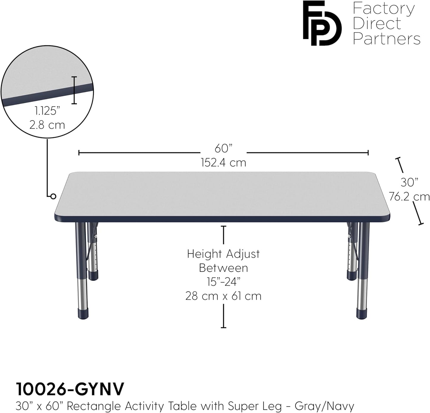 FDP Rectangle Activity School and Classroom Kids Table (30 x 60 inch), Toddler Legs, Adjustable Height 15-24 inches - Gray Top and Navy Edge