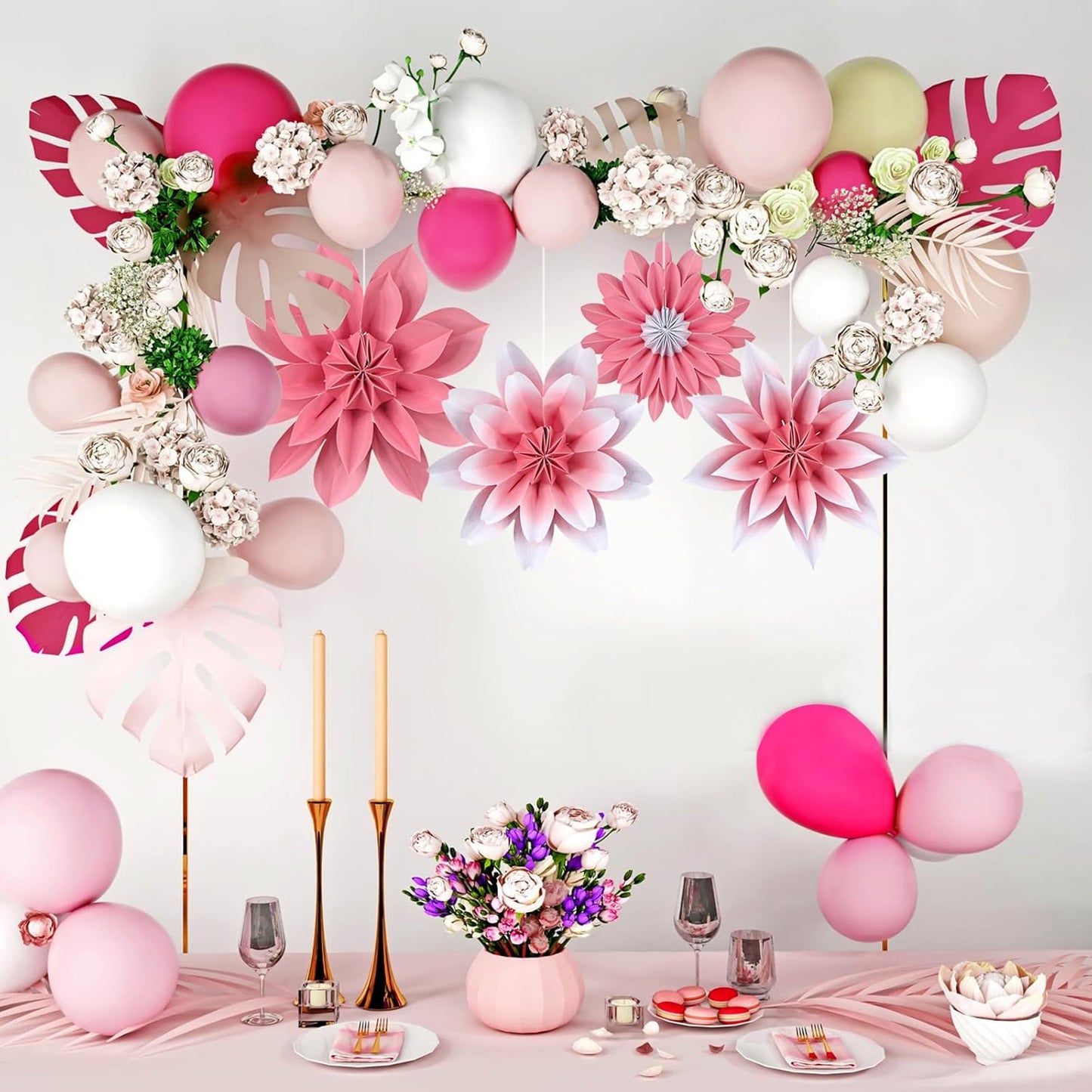 ADLKGG Paper Flower Fan Decorations, Pink Paper Fan Flower Wall Background for Classroom Decor, Tea Party, Spring Summer Party, Birthday, Baby Shower, Wedding, Nursery Decoration, Set of 4