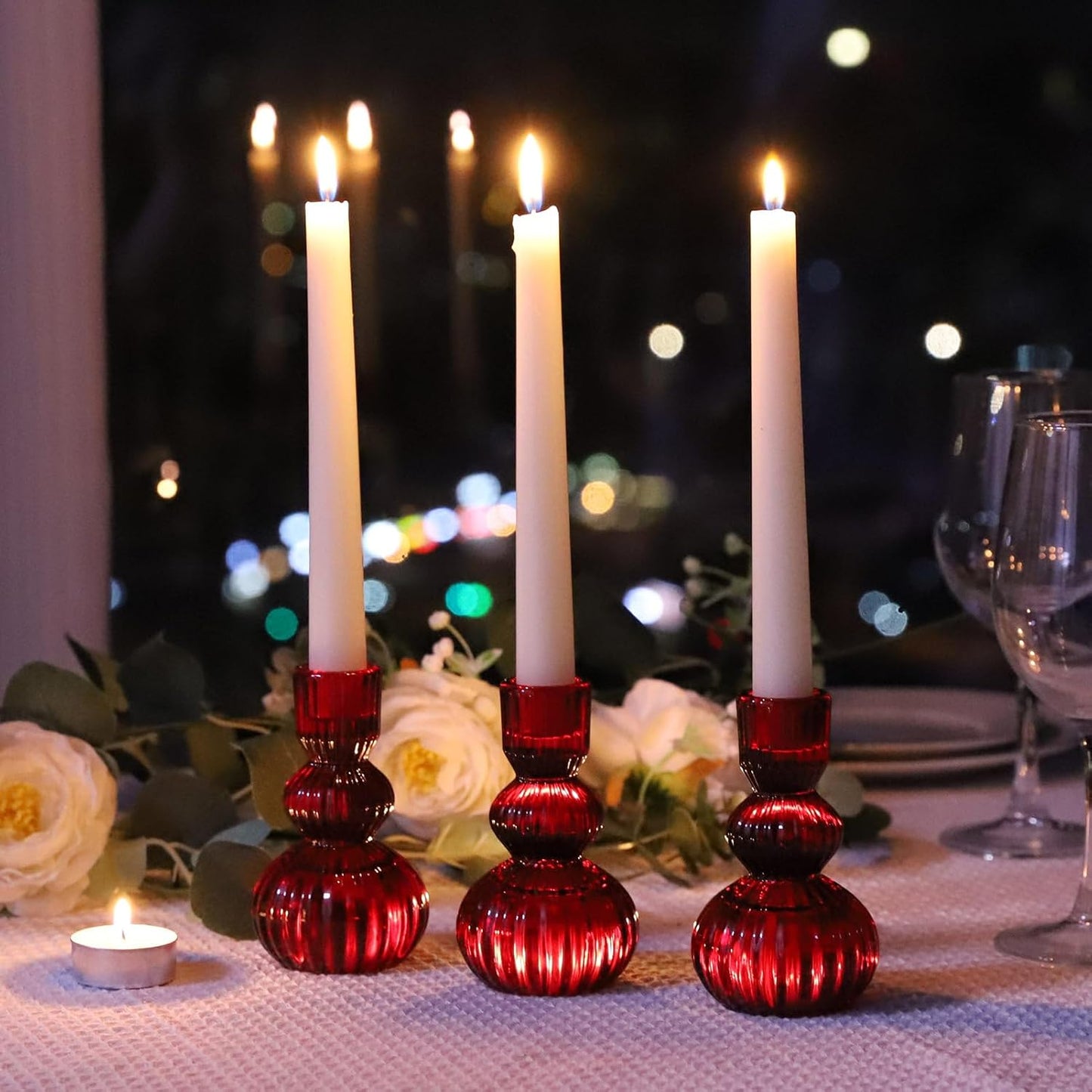 Red Ribbed Glass Candlestick Holders Set of 3, 4.3” Vintage Taper Candle Holders for Valentine’s Day, Christmas & Winter Table Decor