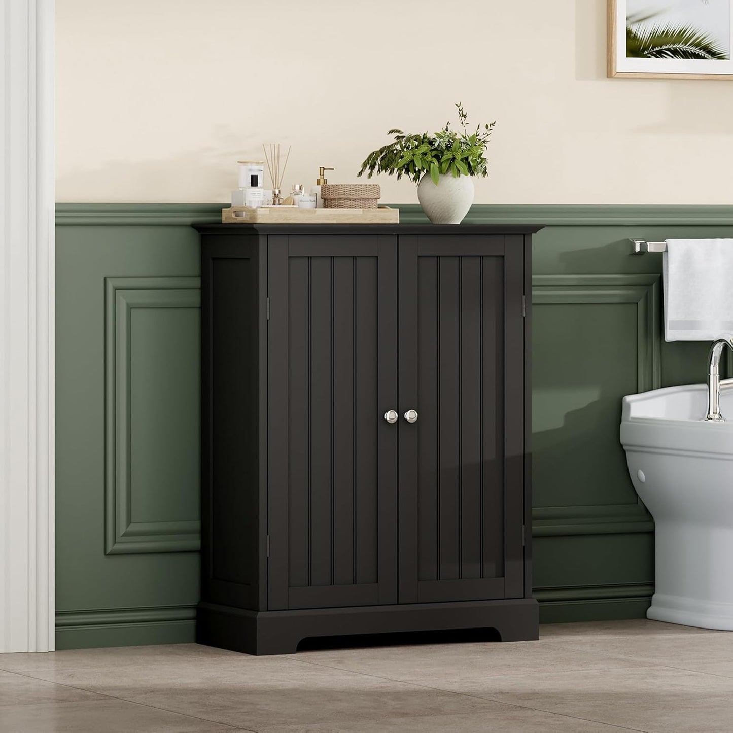 ChooChoo Bathroom Floor Cabinet, Modern Bathroom Storage Cabinet with 2 Doors and Adjustable Shelves, Freestanding Cupboard for Living Room, Black