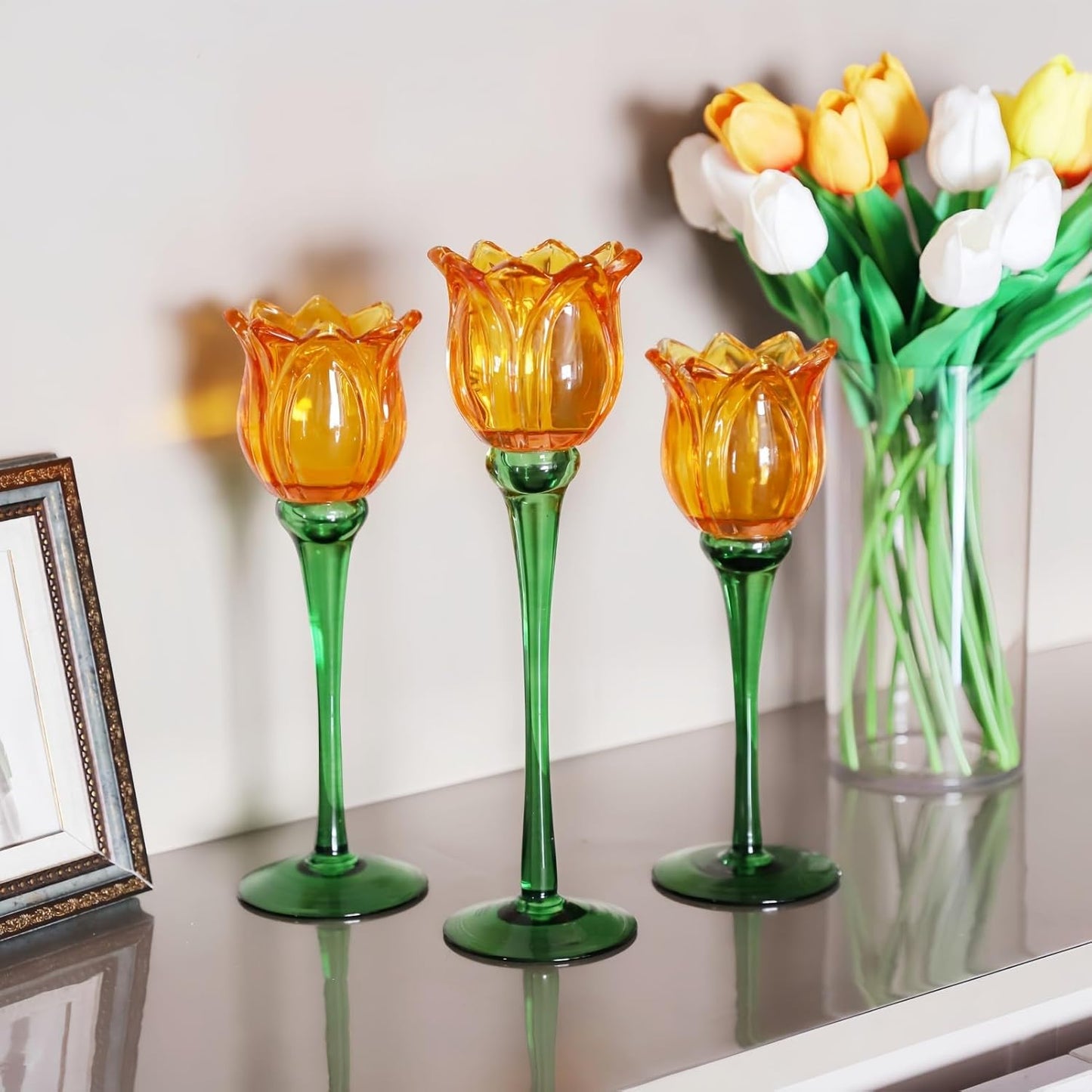 Orange Tulip Glass Votive Candle Holders, Sculptural Table Accent (Set of 3)