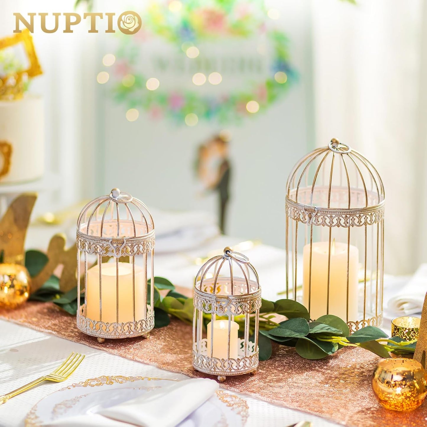 Decorative Bird Cage Lantern: 2 Set of 10 inch Tall Rustic White Birdcage Lanterns Centerpiece Vintage Decorating Metal Pillar Candle Holder for Christmas Bridal Shower Party Decor