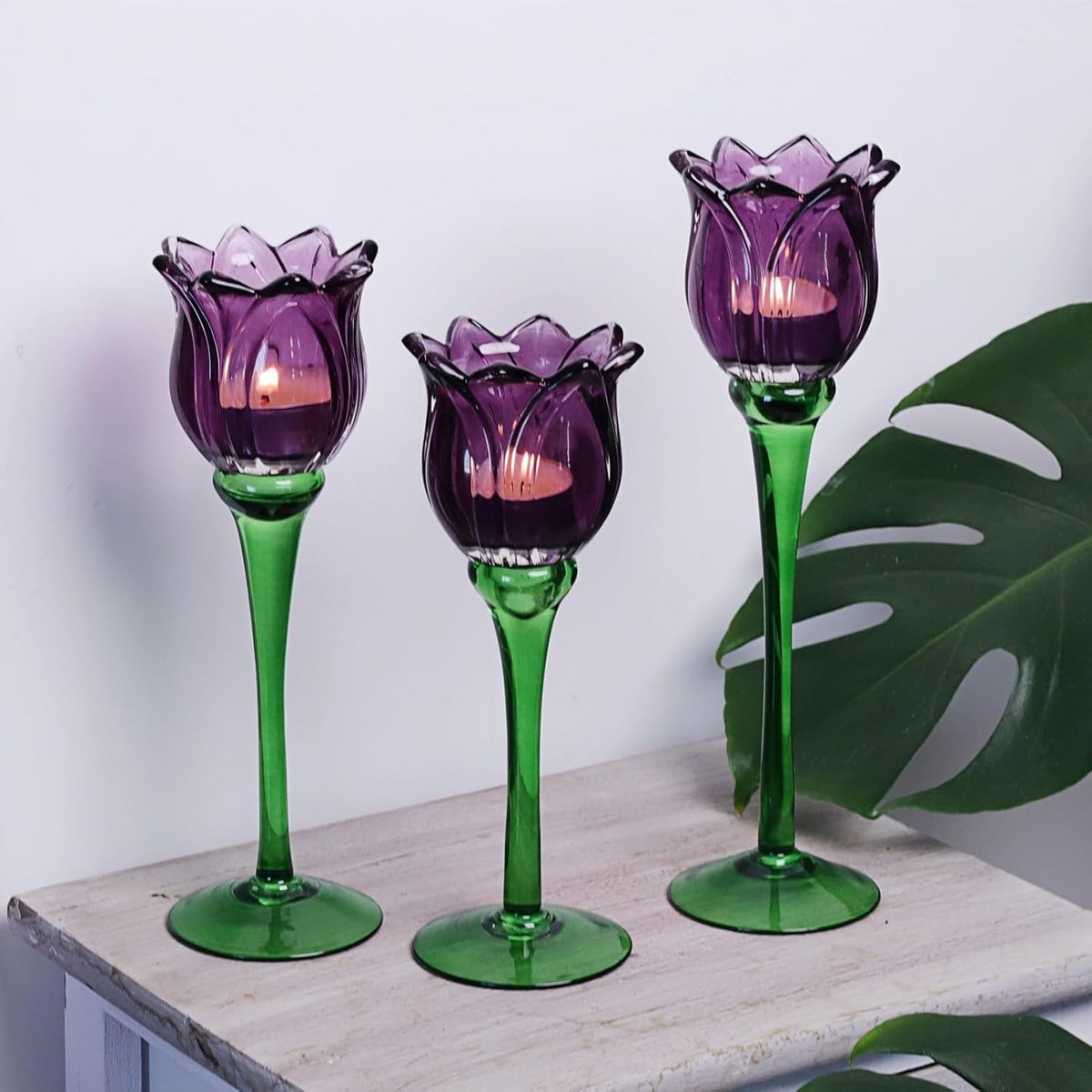 Purple Tulip Glass Tealight Candle Holders Set of 3, Floral Tall Glass Candle Holders for Table & Home Decor
