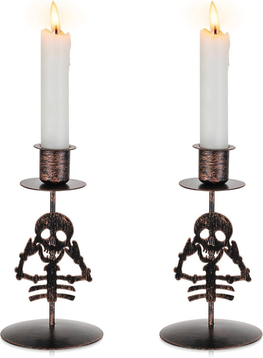 Candle Holder for Halloween Decor: Set of 2 Black Gothic Skull Taper Candlestick Table Centerpiece Decorations Spooky Party Dinning Room Home Indoor