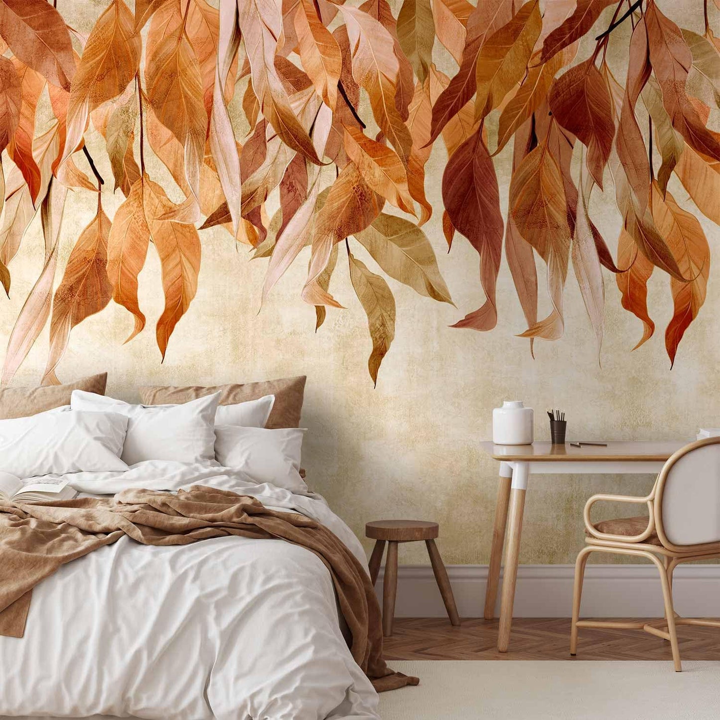 artgeist Premium Wall Mural Hanging Leaves 118x83 in - Non-Woven Wallpaper Fleece Wall Decor Photo Print Picture Image Design Nature Botanical Concrete Orange Beige b-C-10146-a-c