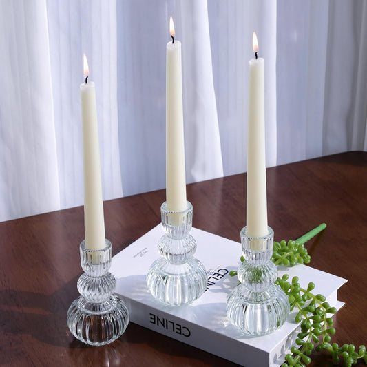 Clear Ribbed Glass Candlestick Holders, Elegant Table Accent (Set of 6)