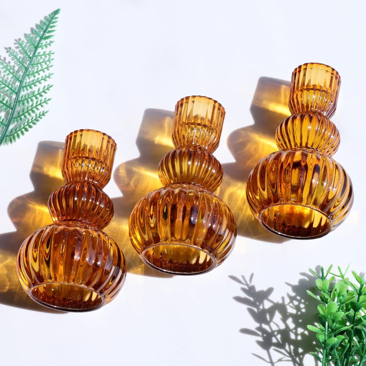 Amber Candlestick Holders Set of 6 4.3" H for Thanksgiving/Fall Decorations, Ribbed Glass Taper Candle Holders Halloween Table Centerpiece, Vintage Candle Sticks Holder Decor for Boho Home Decor