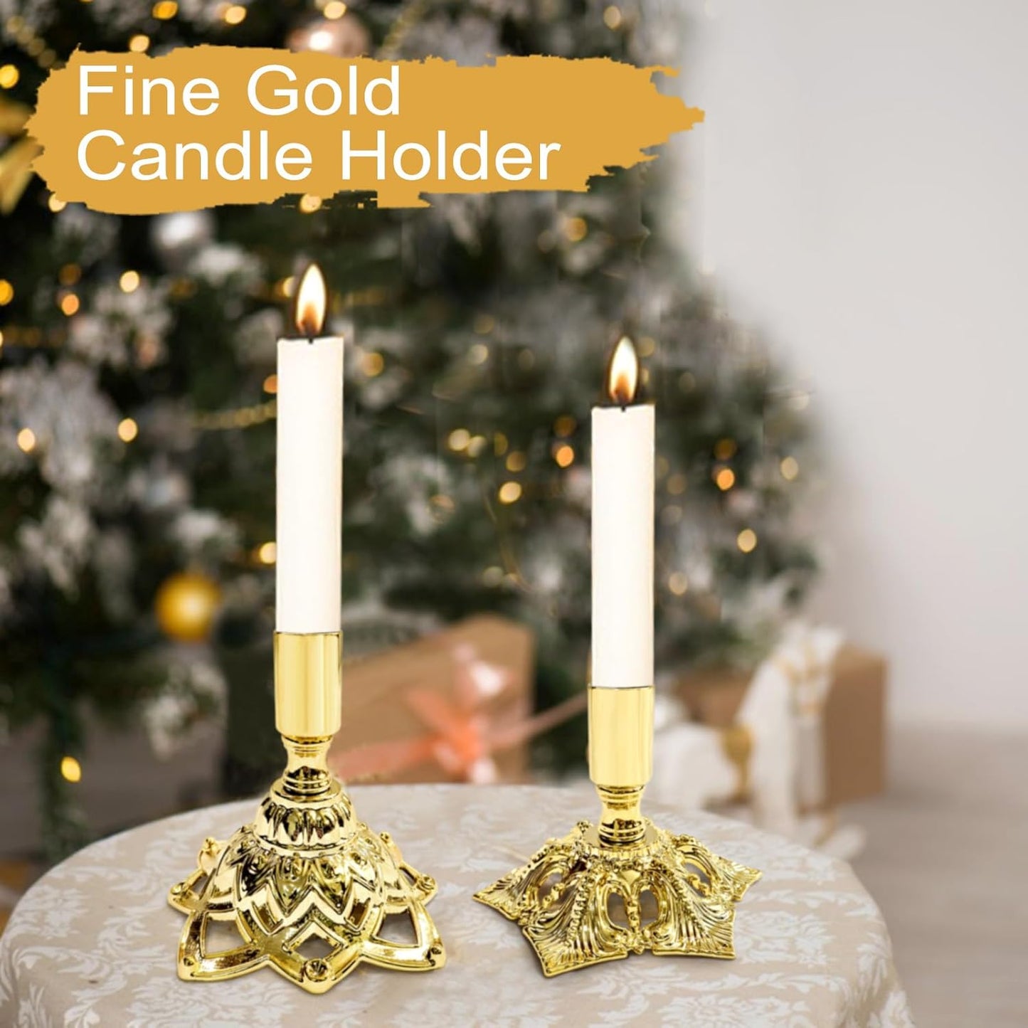Elegant Gold Taper Candle Holder Set — Polished Metal Candlestick Holders for Dining Table Centerpiece, Winter Candlelight Decor, Modern Mantel Styling