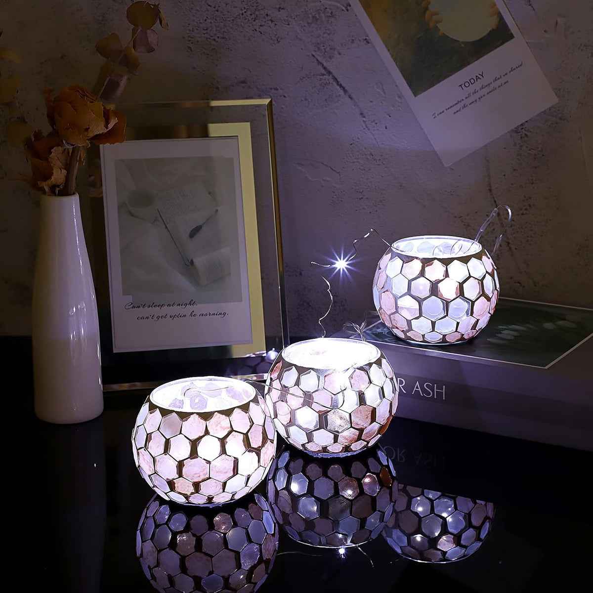 Set of 3 Mosaic Glass Tea Light Holders Round Bowl Votive Candle Holders Pillar Candle Stands, Glass Mosaic Tealight Holders Potted Plant Bowl Vase Candle Centerpiece for Dining Table Wedding