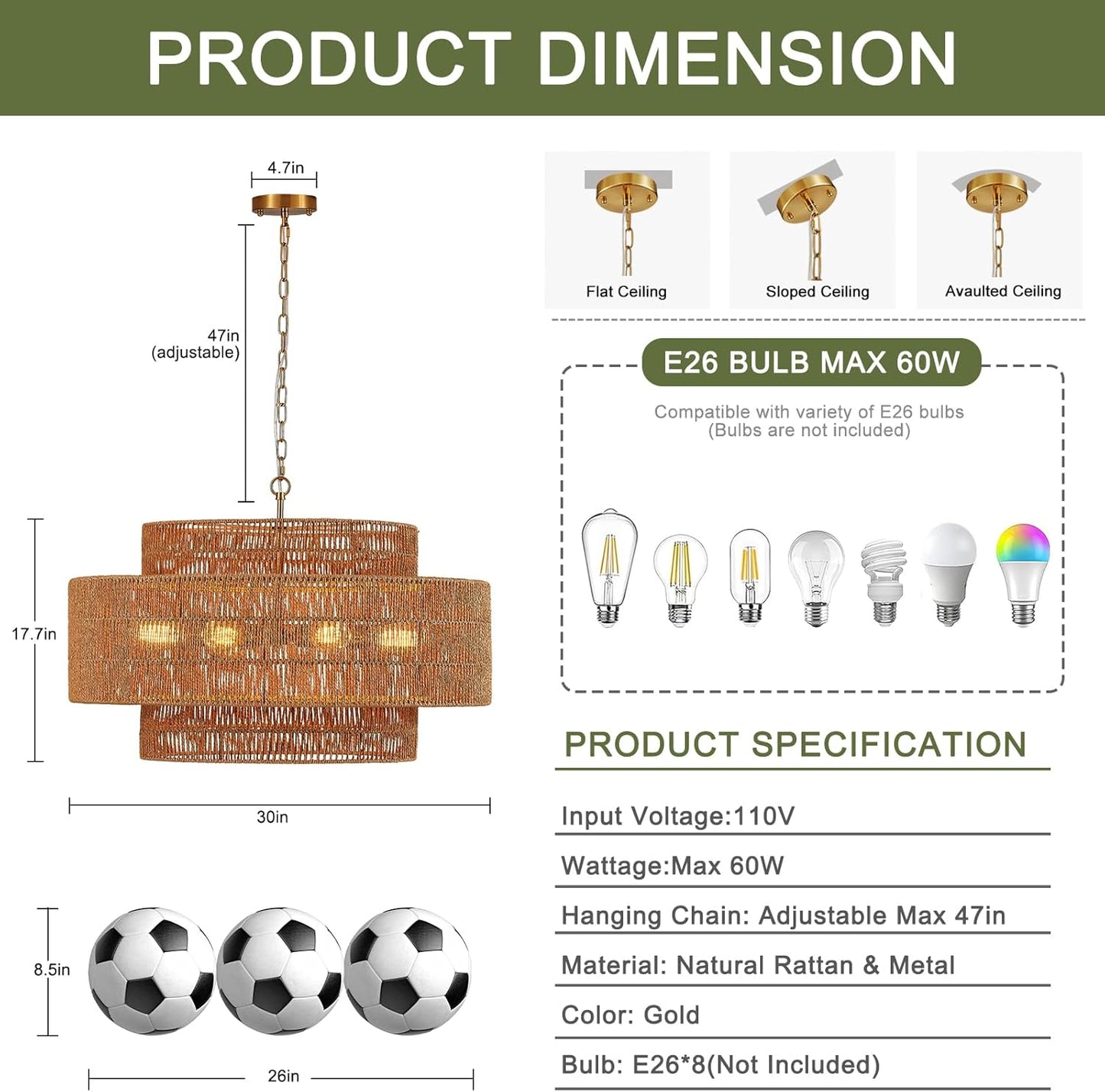 30” Large Rattan Chandelier Light Fixture 8-Light Vintage Farmhouse Hand-Woven Boho Bamboo Rattan Chandelier 3-Tier Drum Wicker Gold Chandeliers for Dining Room, Kitchen, Living Room