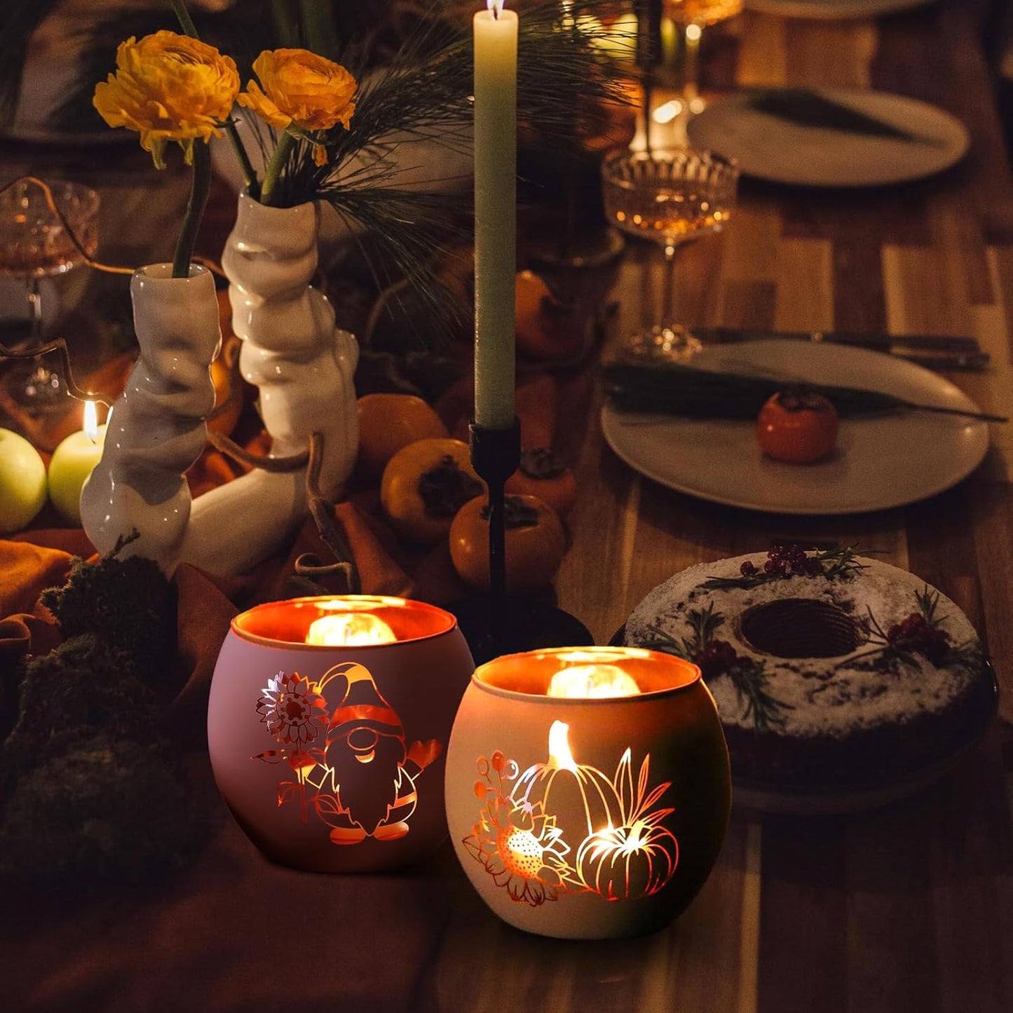 Fall Table Centerpiece Decorations Set of 12 Glass Votive Tealight Candle Holder for Wedding, Party, Thanksgiving, Fall Decor for Indoor and Outdoor