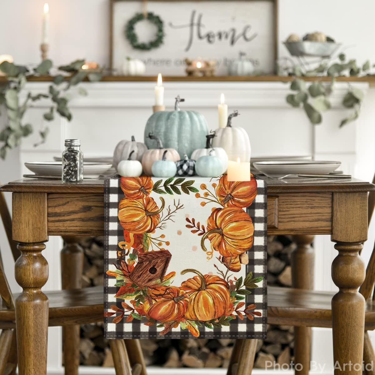 Artoid Mode Buffalo Plaid Pumpkins Mushrooms Birdhouse Leaves Table Runner, Seasonal Fall Harvest Vintage Kitchen Dining Table Decoration for Indoor Outdoor Home Party Decor 13 x 48 Inch