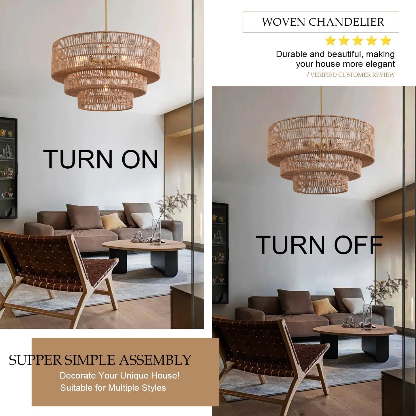 Boho Rattan Chandelier, 6-Light Dining Room Light Fixture,23.62" Wicker Pendant Lighting with3-Tier Woven Lampshade, Large Farmhouse Chandeliers for Kitchen