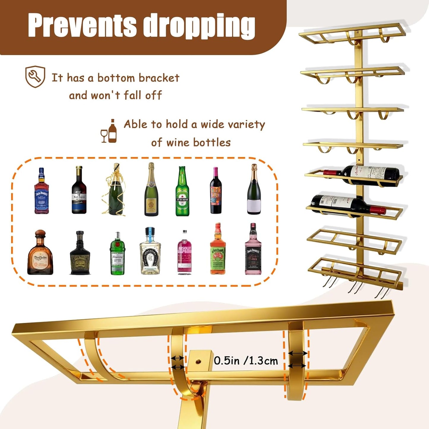 8 Bottle Wall Mount Wine Rack with Wine Glass Holder, Metal Wine Wall Rack, Wall Racks for Wine Bottles Display and Storage, Hanging Bottle Organizer for Living Dining Room Wine Cellar Bar (Gold)