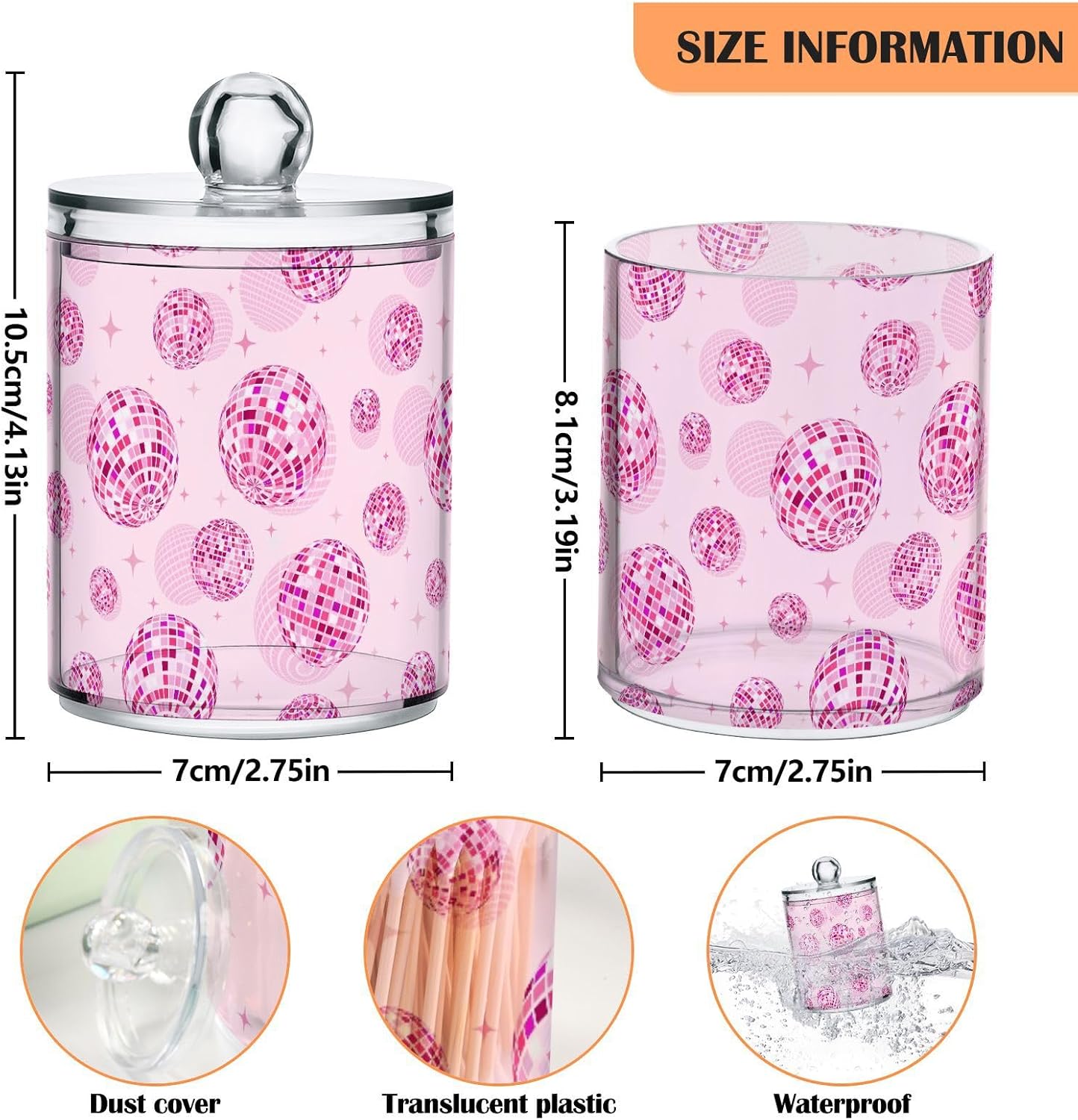 2 Pack Qtip Holder Organizer Dispenser Disco Balls Pink Bathroom Storage Canister Cotton Ball Holder Container for Cotton Pads/Swabs/Floss