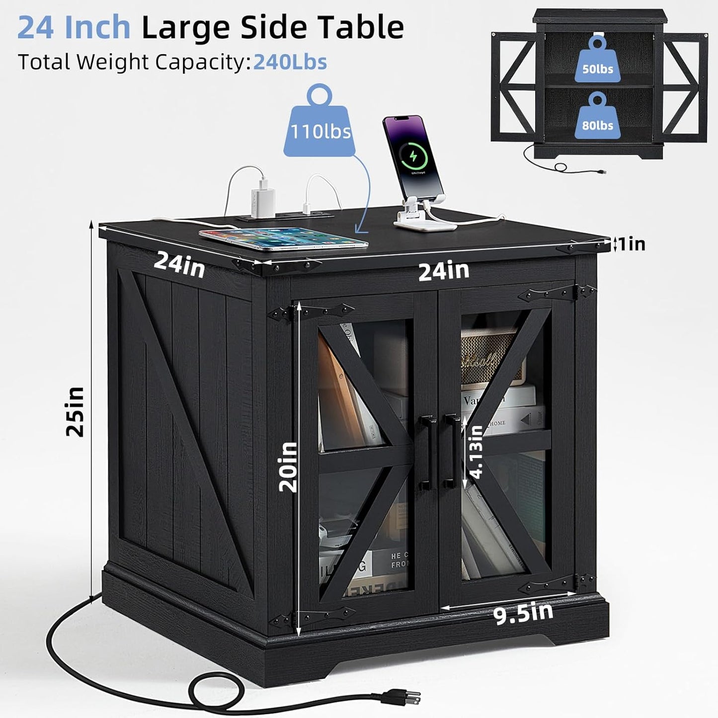 24" End Table Set of 2 with Charging Station, Farmhouse Night Stand with Glass Barn Door, Nightstands with Adjustable Storage Shelf, Large Wood Square Bed Side Table for Living Room,Bedroom
