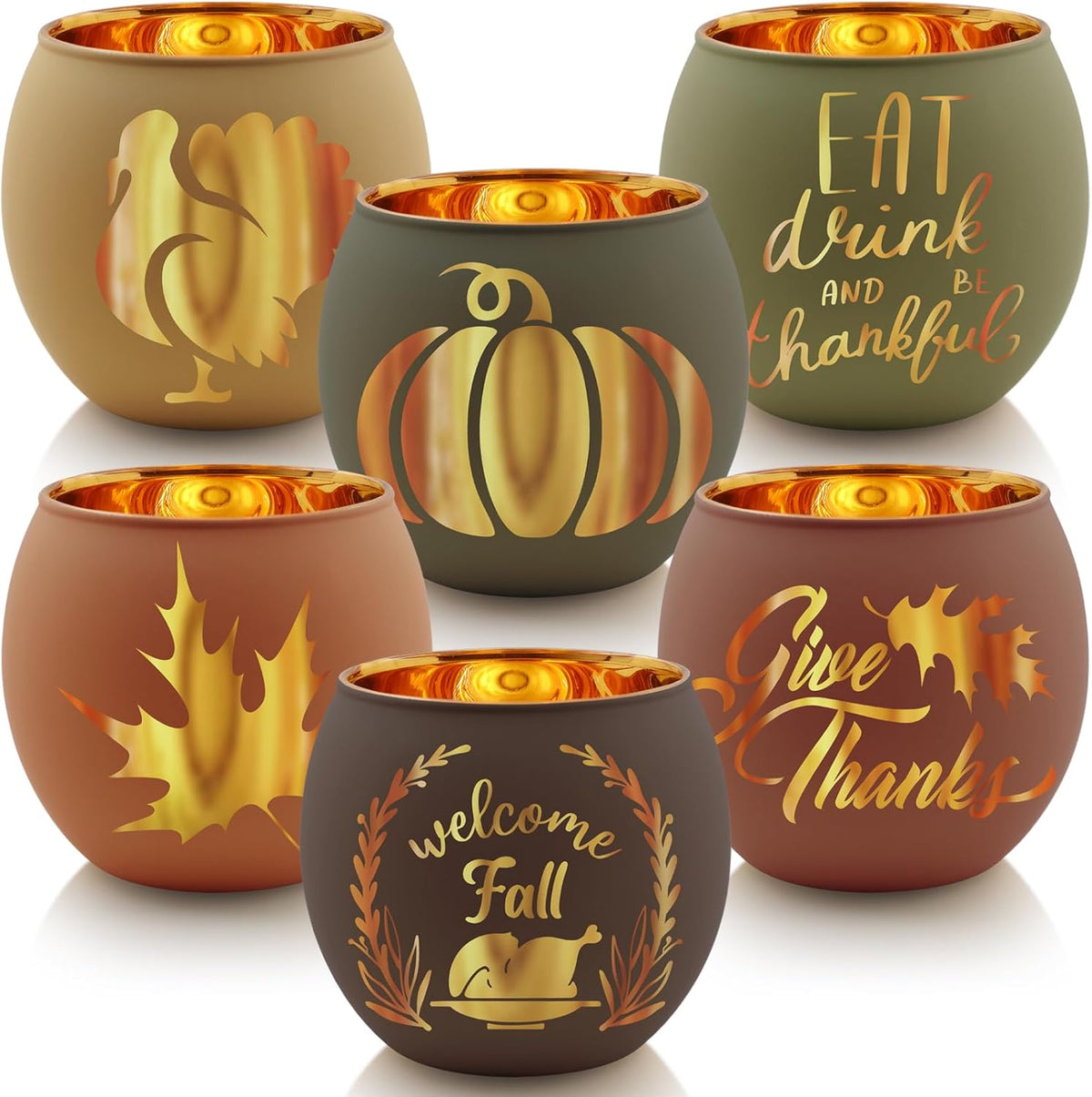 Thanksgiving Votive Candle Holder Set of 12, Glass Tealight Votives Holder with 6 Laser Engraving Patterns, Fall Table Centerpiece Indoor Outdoor Decor