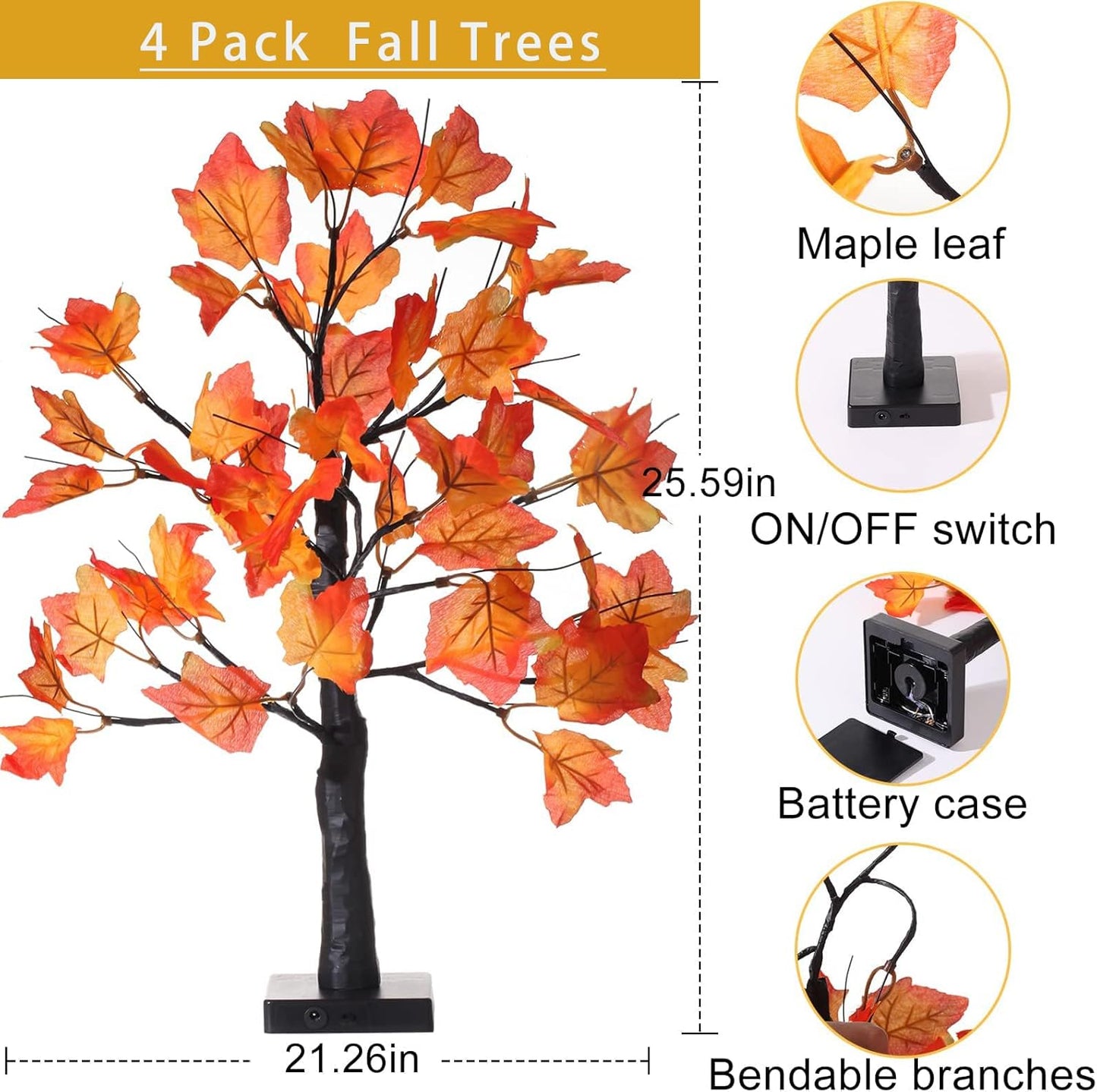 4Pcs Fall Lighted Maple Tree Decor 2FT96LED USB&Battery Operated Artificial Autumn Light up Trees Lights for Harvest Thanksgiving Decorations Tree Lights Table Light House Party Indoor Room Home Deco