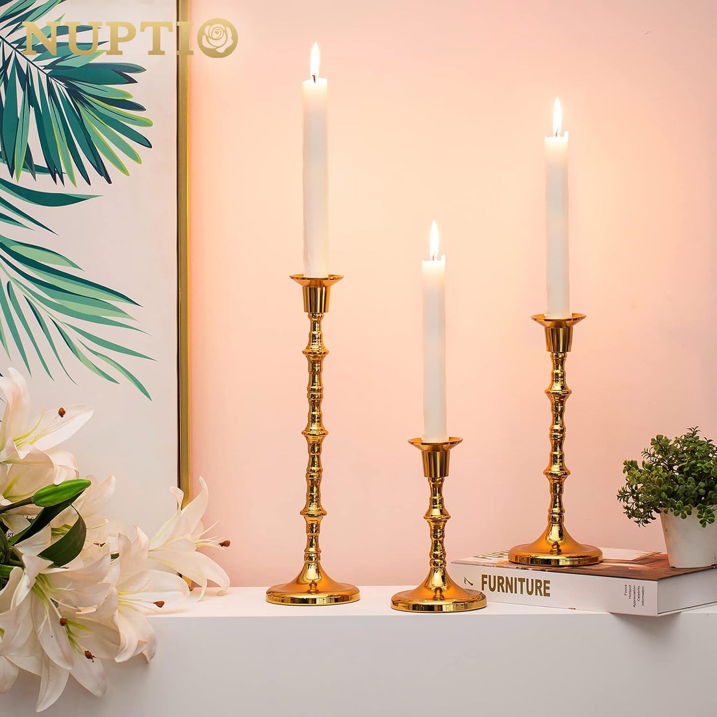 Gold Taper Candlestick Holders Set of 3 – Vintage Brass Candle Holders for Table & Fireplace Decor