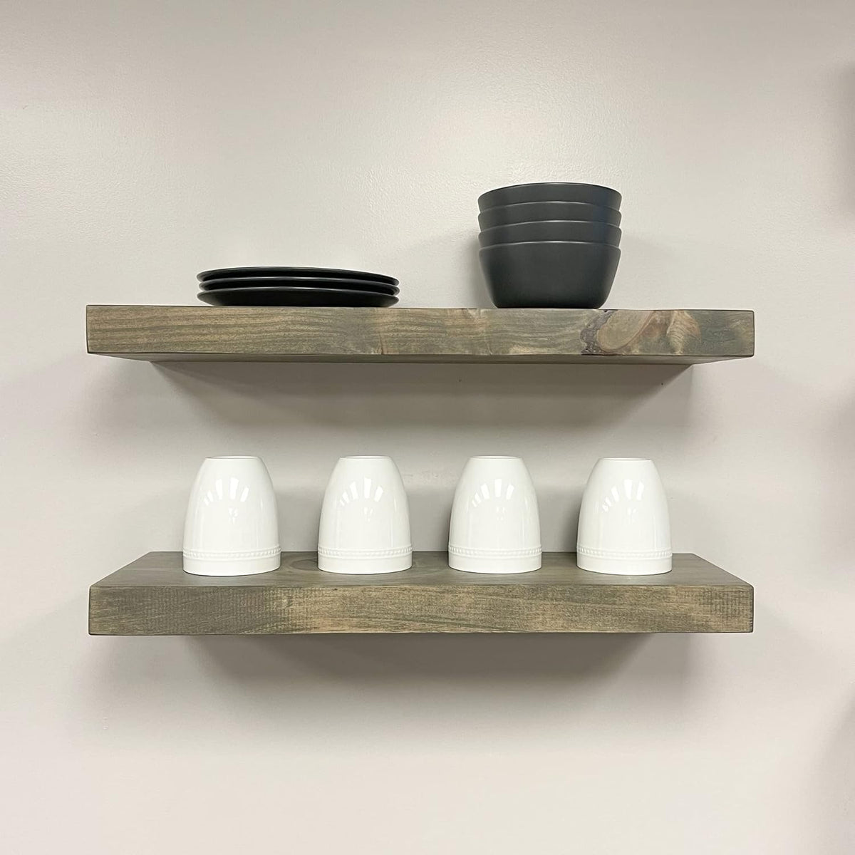 URBANDI, Rustic Floating Shelves, Set of 2, Hidden Bracket, Solid Wood, Heavy Duty, Wall Mounted Shelves, (Grey, 48Wx6D)
