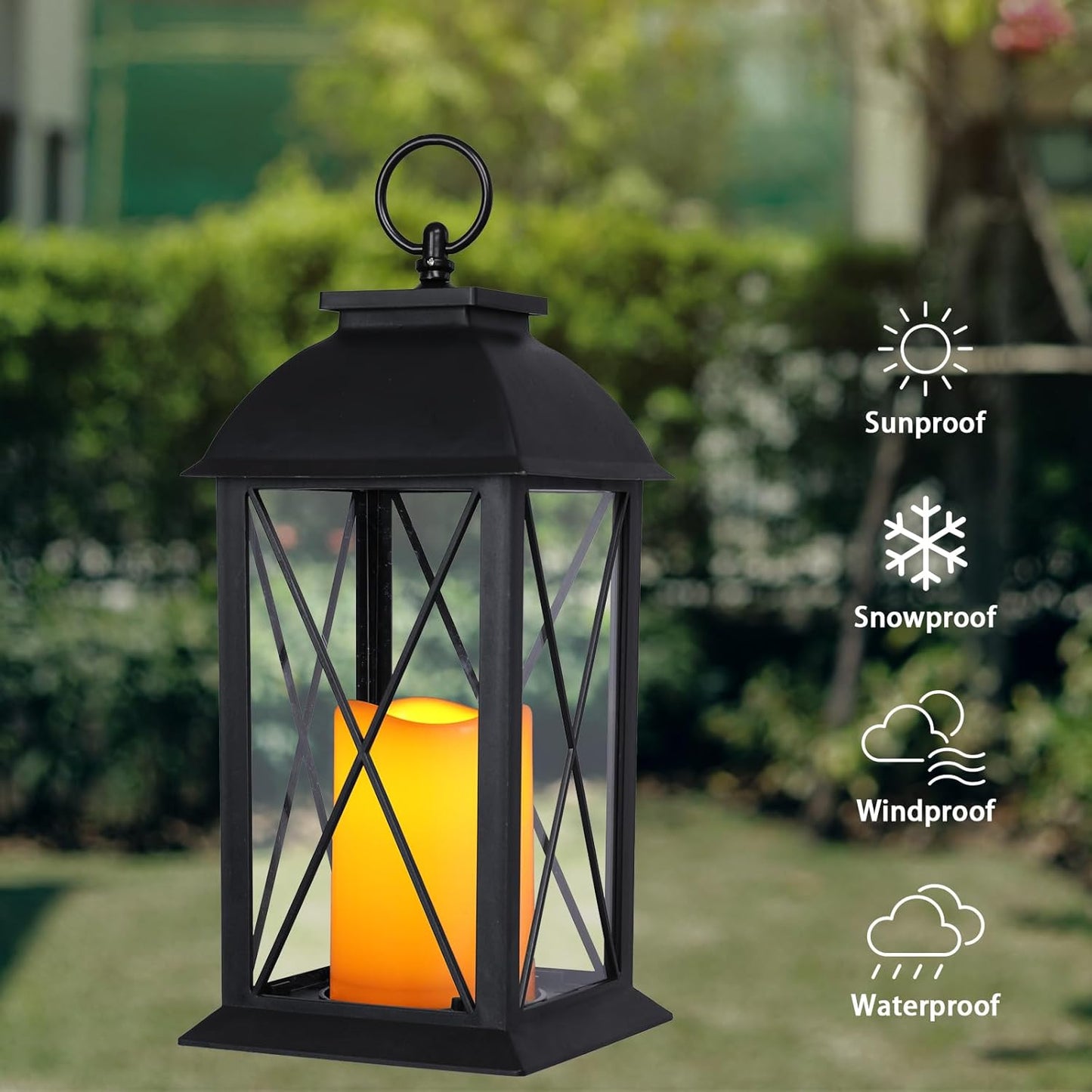 2-Pack 13-Inch Black Decorative Lantern with LED Candle, Battery-Operated, Indoor & Outdoor Use
