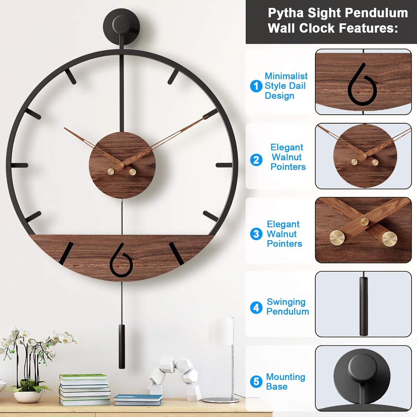 Large Modern Pendulum Wall Clock 30.7×20 — Silent Non-Ticking Minimal Farmhouse Statement Clock for Living Room