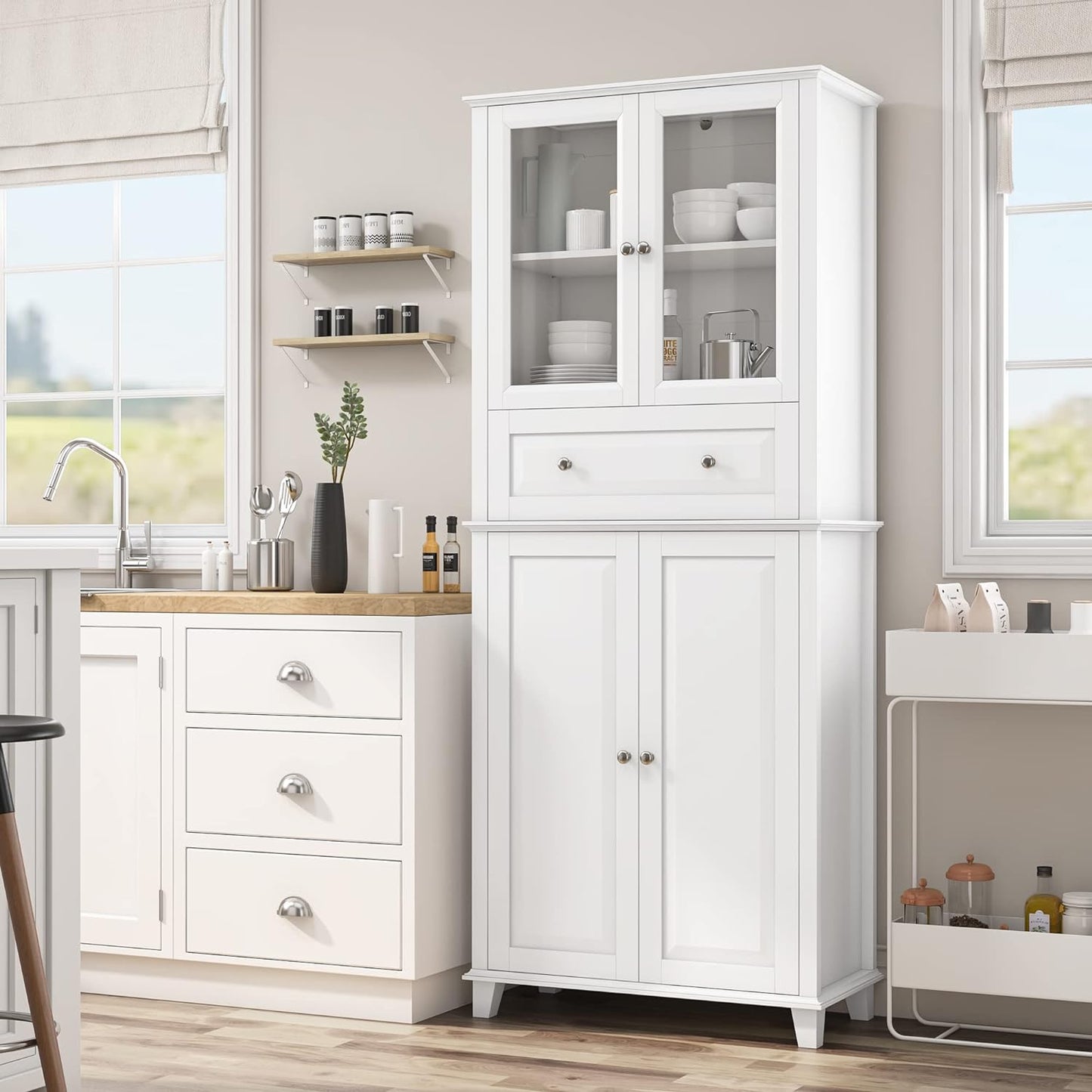 76'' Kitchen Pantry Storage Cabinet, Freestanding Kitchen Cupboard with Large Drawer, Doors, and Adjustable Shelves, Bathroom Storage Cabinet for Dining Room, Living Room, Laundry, White