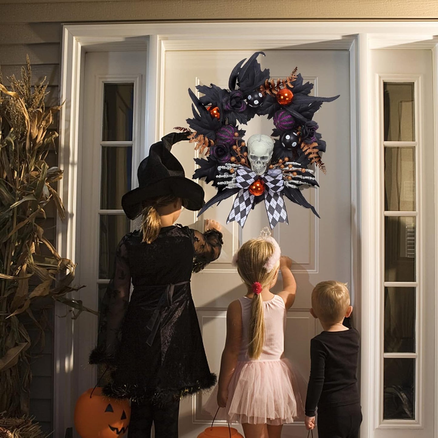 Adeeing Halloween Wreath for Front Door Halloween Skeleton Decorations, 20 Inch Pumpkin Wreath with Skull Black Roses Maple Leaves for Window Indoor Outside Home Party Decor
