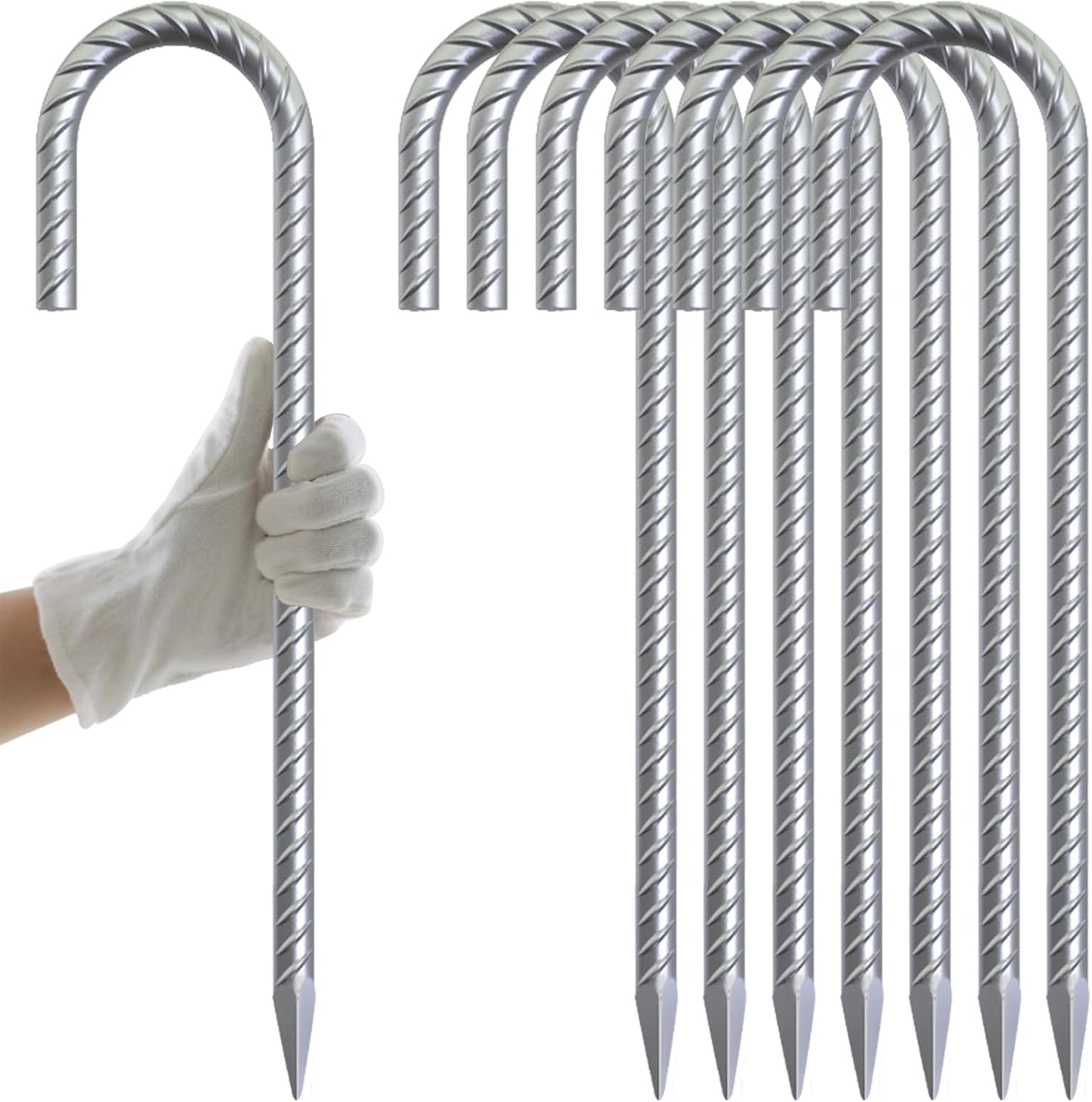 AAGUT 12 Inch Galvanized Rebar Tent Stakes 3/8" J Hook 8 Pack, Chain Link Fence Stakes Canopy Yard Landscape Garden Staples, Heavy Duty Metal Steel Ground Anchors
