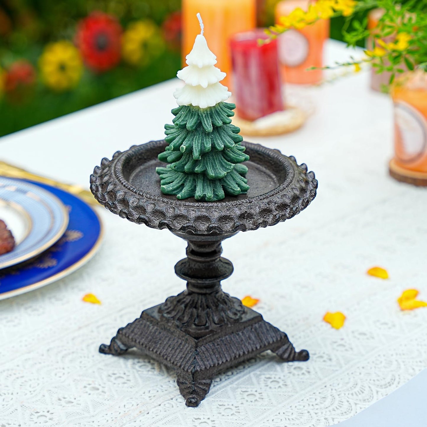 Cast Iron Candle Holder - Rustic Style Decorative Pillar Candle Holders, Center Pieces Decoration for Table, Modern Farmhouse French Country Decor, 6.5" Candle Stand Fits Multi-Size Candles