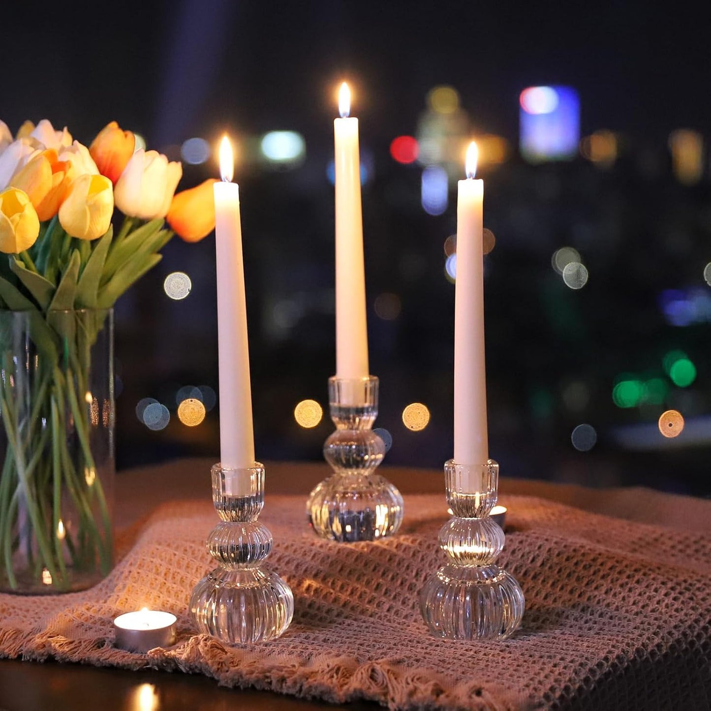Clear Ribbed Glass Taper Candle Holders Set of 3 — Vintage Table Candle Holders for Spring Table Decor & Soft Light Styling