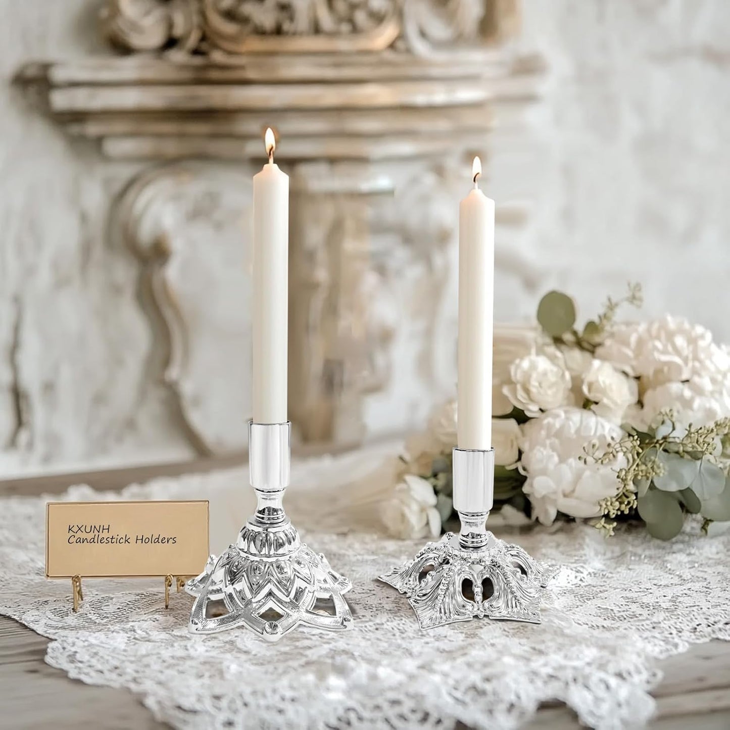 Elegant Silver Taper Candle Holder Set — Minimal Metal Candlestick Holders for Dining Table Centerpiece, Winter Candlelight Decor, Modern Mantel Styling