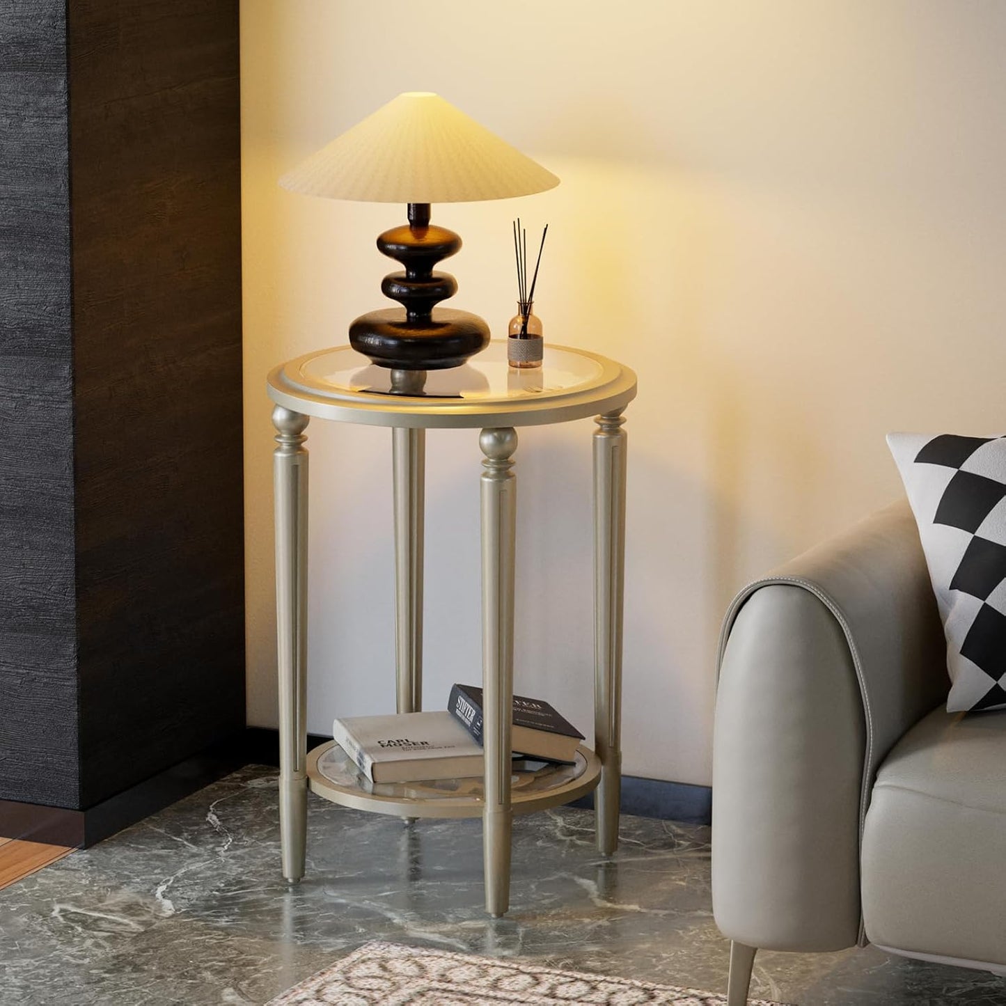 COSIEST Round Side Table, End Table Glass with Wood Frame, Champagne Gold Bedside Table with Modern Style for Living Room, Balcony, Bedroom