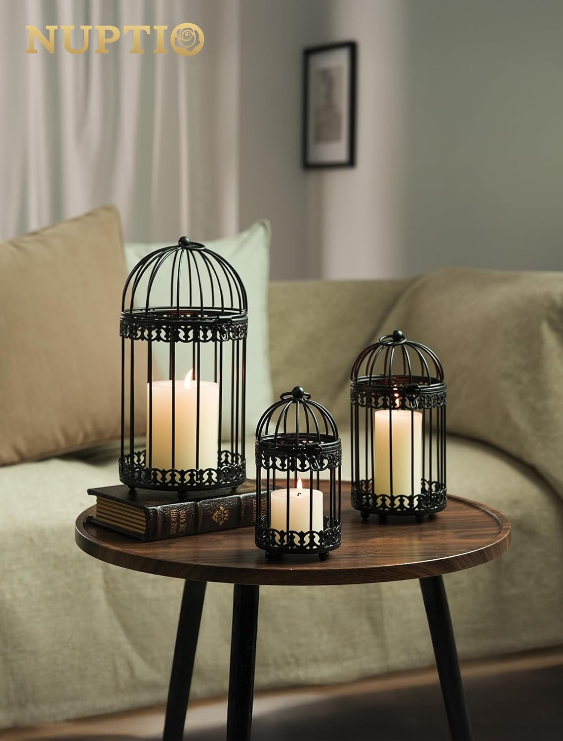 Vintage Bird Cage Lantern: Black Hanging Bird Cage Decor Candle Lanterns for Centerpiece - Large Birdcage Pillar Candles Holder for Halloween Christmas Bridal Shower 10 Inch H