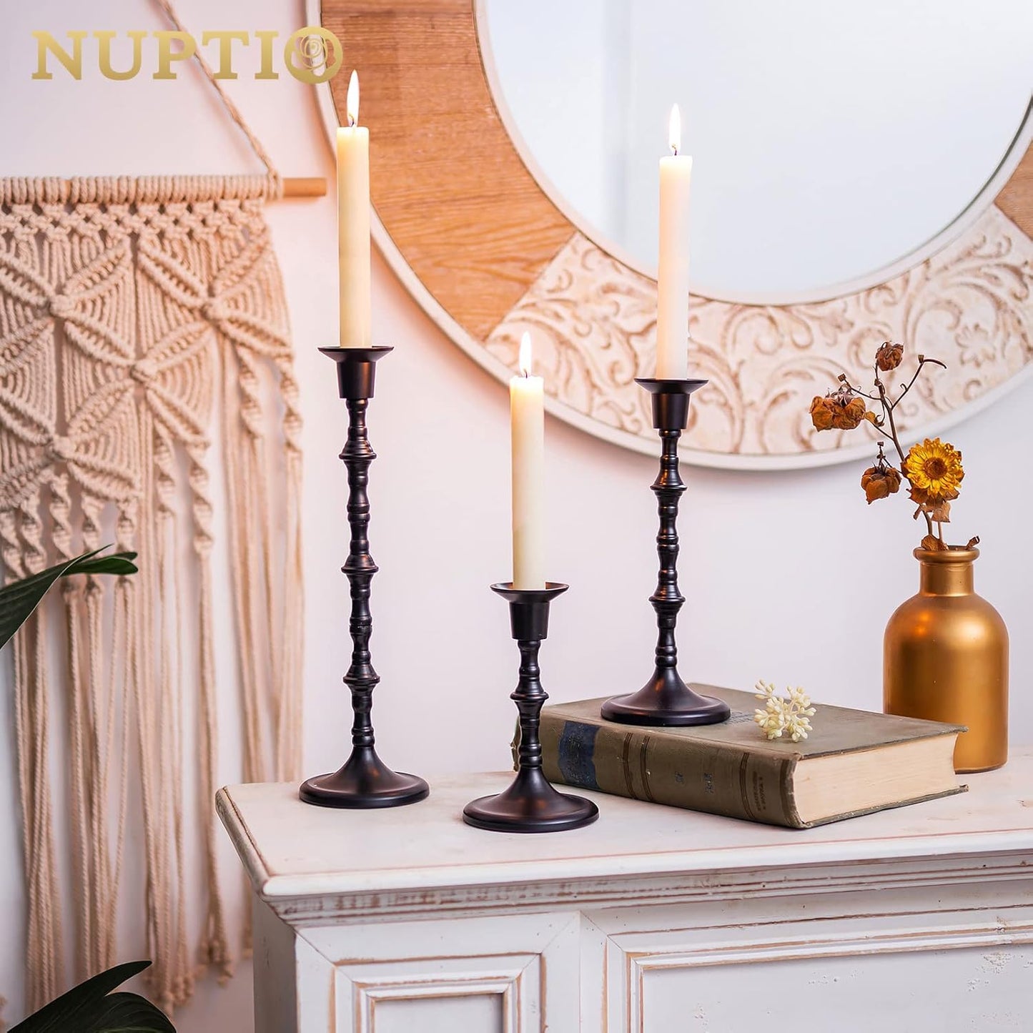 Black Candle Holder Set of 3 Gothic Candlestick Holders for Taper Candles Metal Candle Sticks Candleholders Table Centerpieces for Dining Room Wedding Home Halloween Farmhouse Fireplace