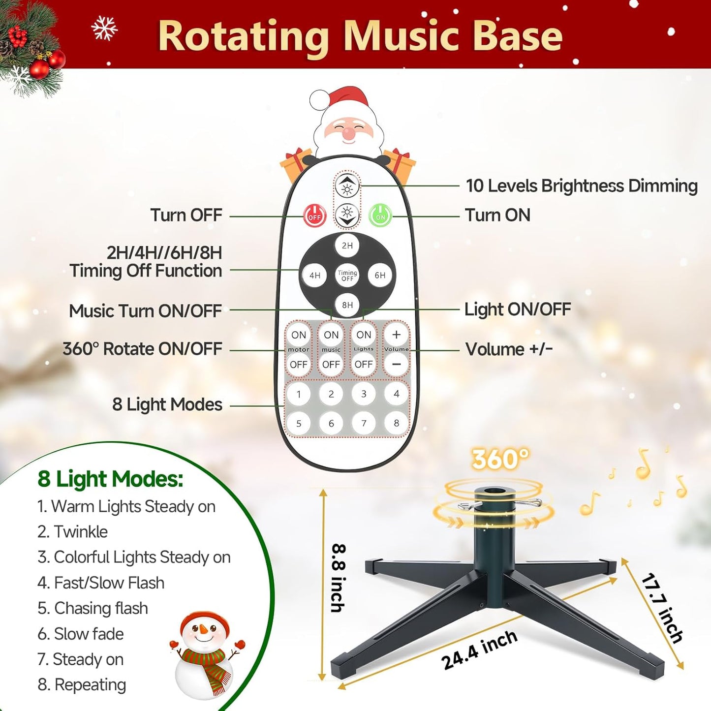 9ft Pre-Lit Snow Flocked Rotating Christmas Tree with 600 Multi-Color LED Lights, 2512 PE & PVC Tips - Realistic Artificial Tree for Holiday Decor