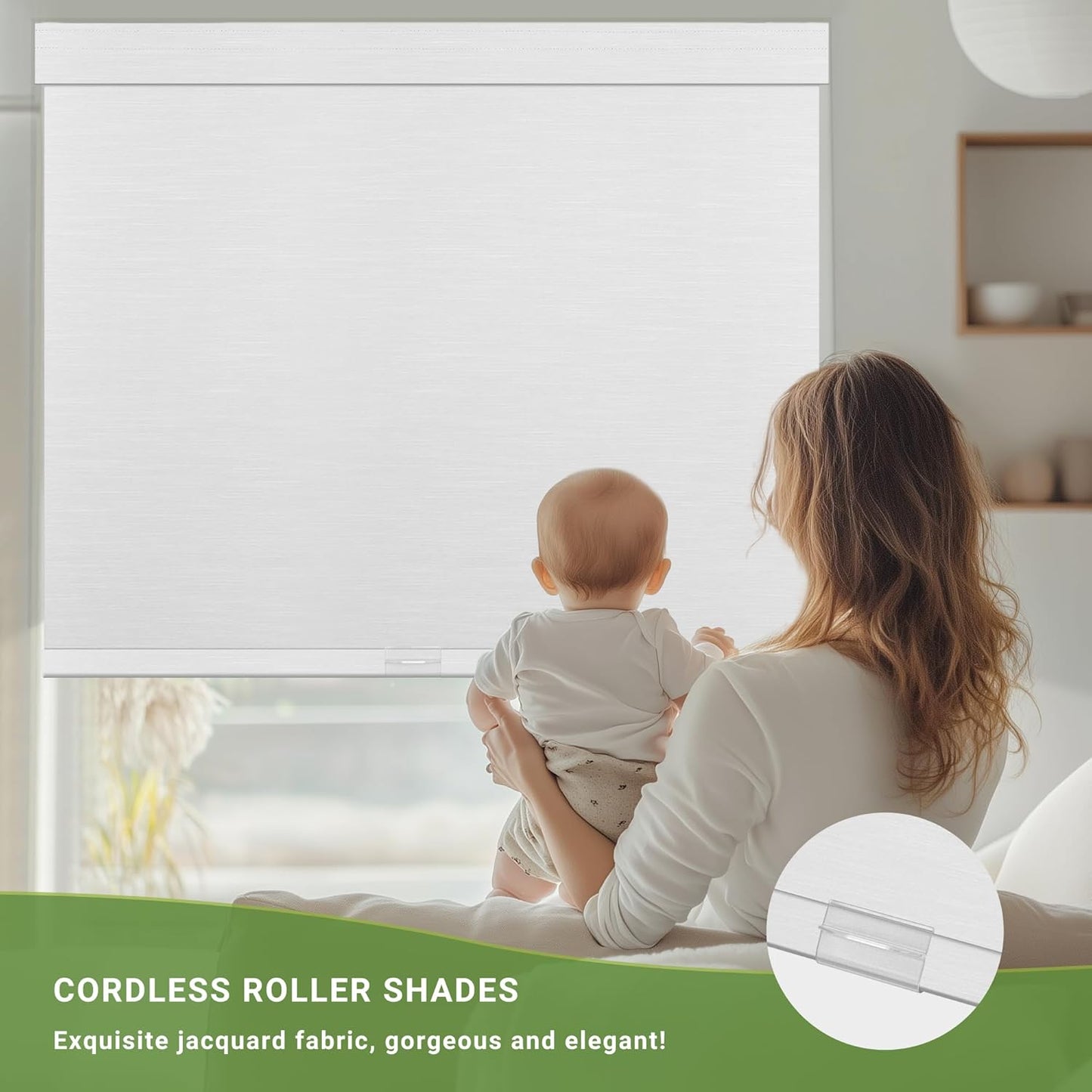 Blackout Roller Shades for Indoor Windows, Cordless Jacquard Fabric-Matched Roller Blinds, Easy to Install Privacy UV Protection Roll Up Blinds for Home Office, Pure White, 28" W x 72" H