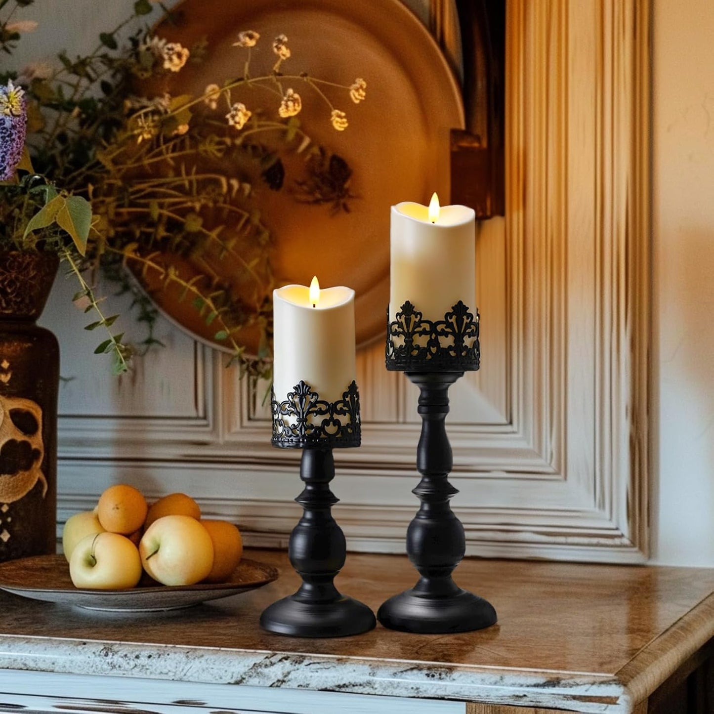 Gothic Black Pillar Candle Holders (Set of 2) – Vintage Metal Stand for Halloween Decor
