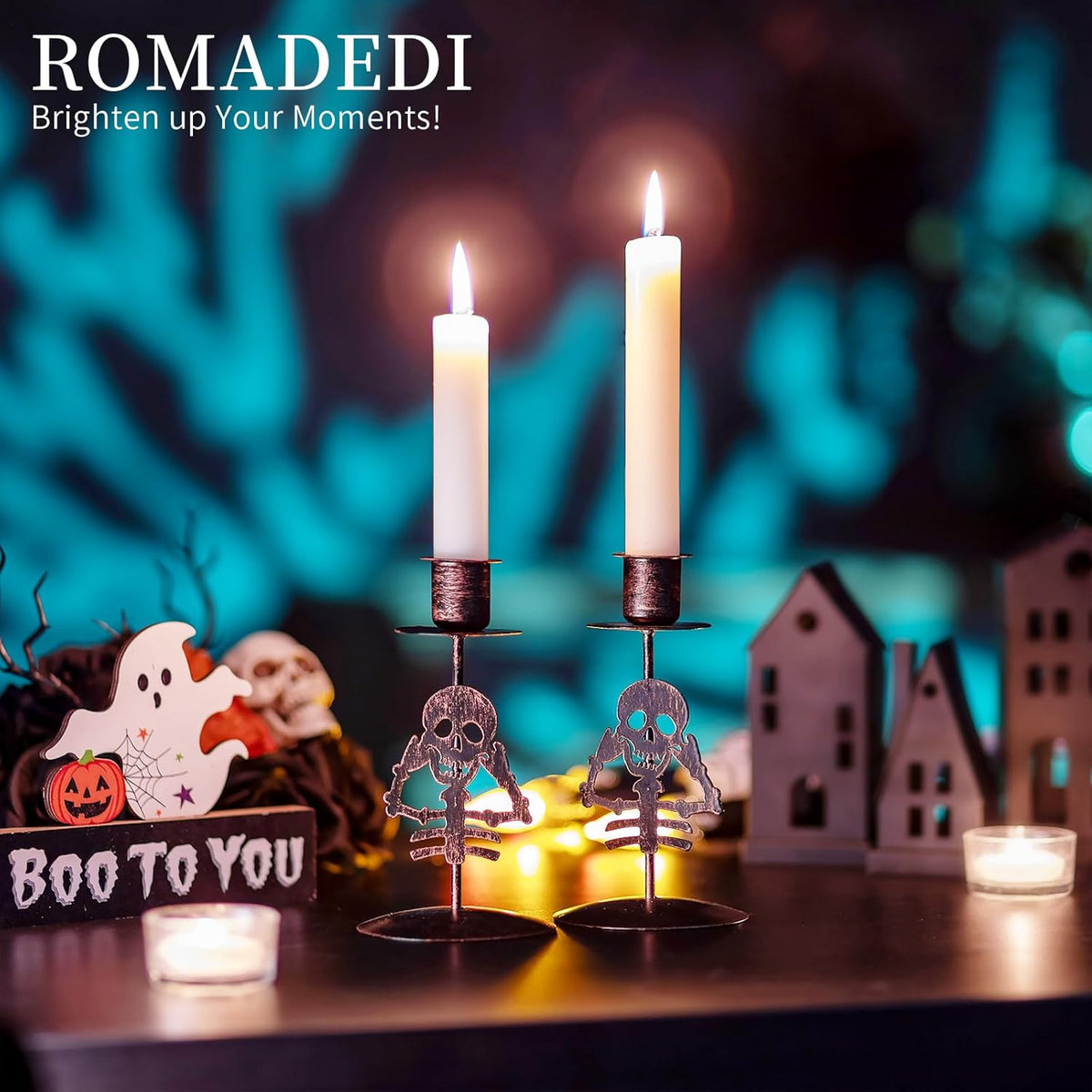 Candle Holder for Halloween Decor: Set of 2 Black Gothic Skull Taper Candlestick Table Centerpiece Decorations Spooky Party Dinning Room Home Indoor