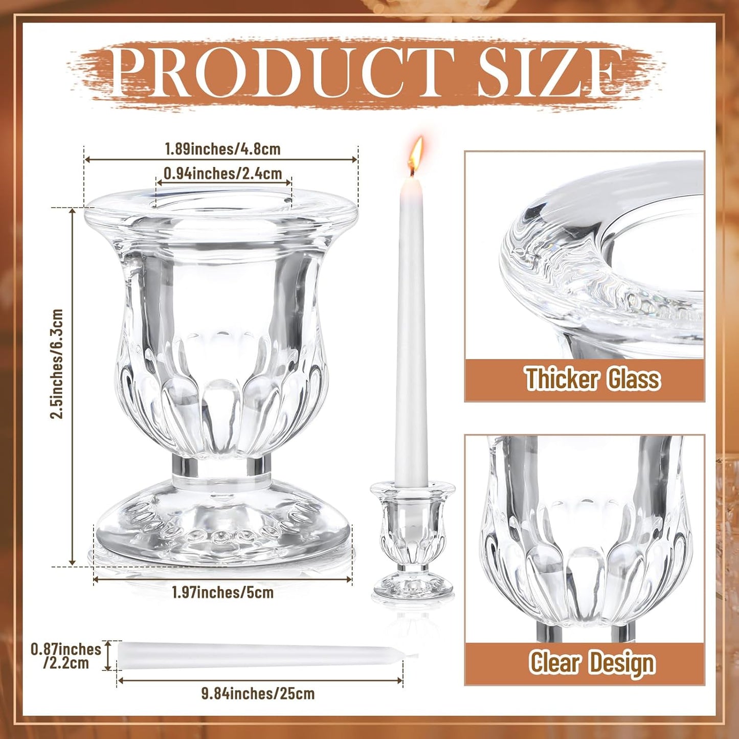 Clear Glass Taper Candle Holders Bulk Set, 2.5 Inch Transparent Candlestick Holders